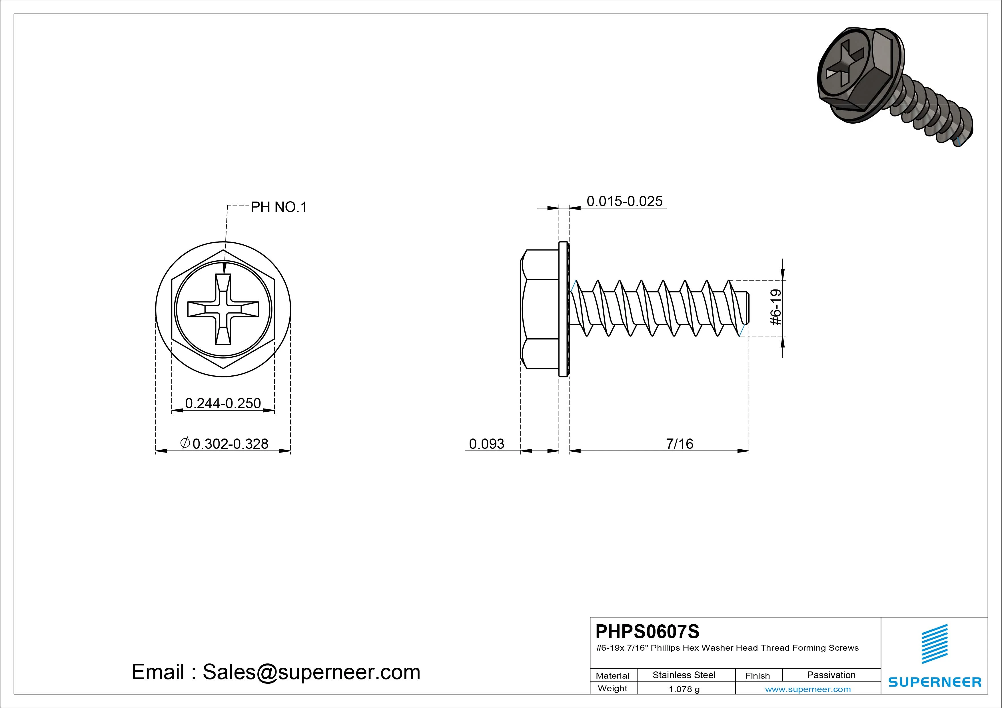 6 &times; 7/16" Hex Washer Serration Head Phillips Thread Forming inch Screws for Plastic  SUS304 Stainless Steel Inox