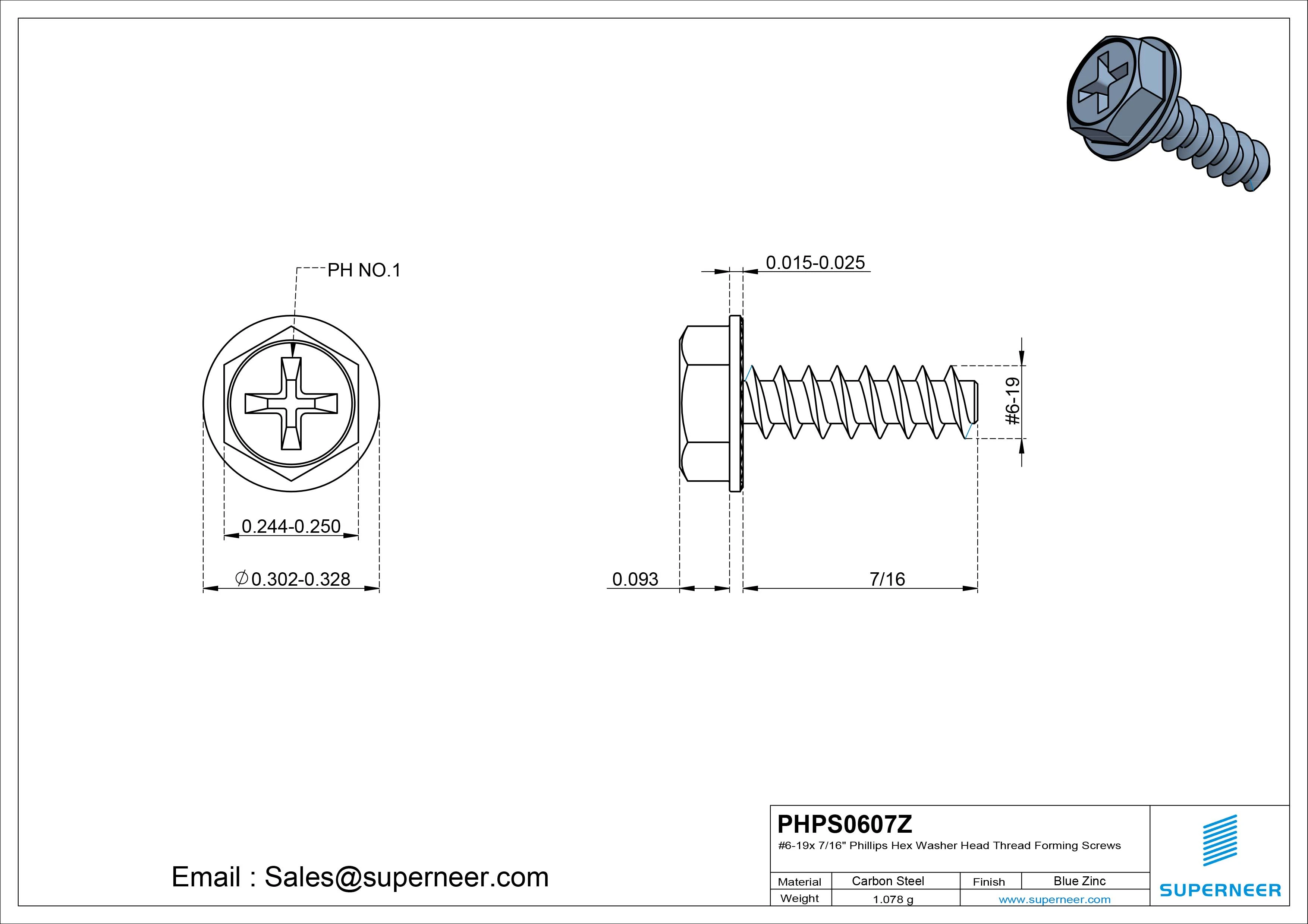 6 &times; 7/16" Hex Washer Serration Head Phillips Thread Forming inch Screws for Plastic  Steel Blue Zinc Plated