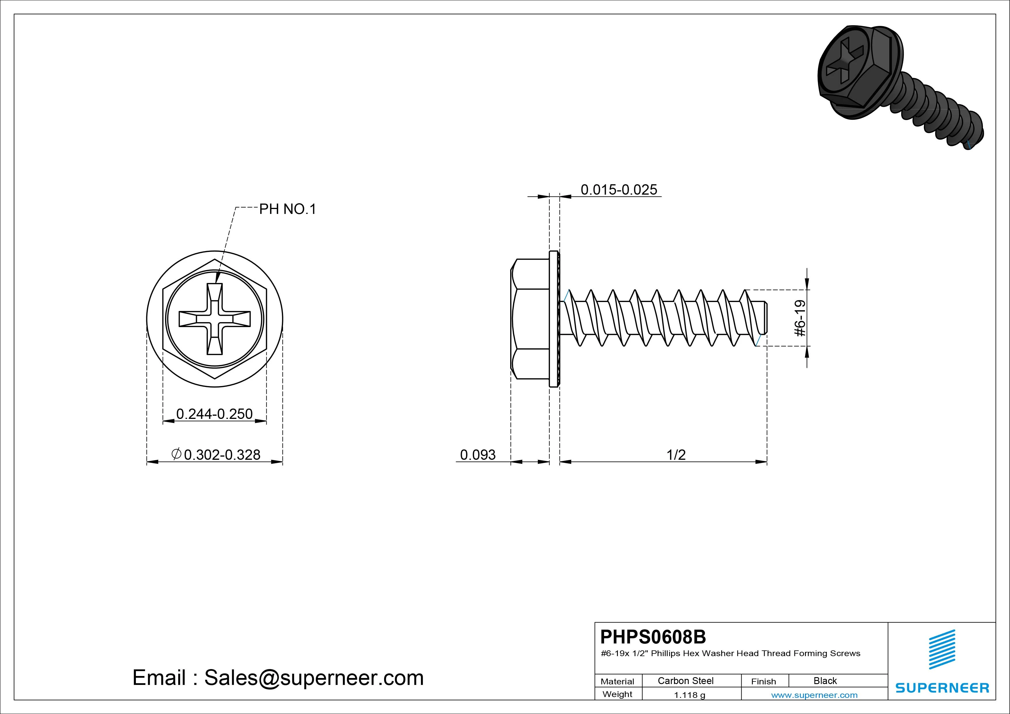 6 &times; 1/2" Hex Washer Serration Head Phillips Thread Forming inch Screws for Plastic  Steel Black