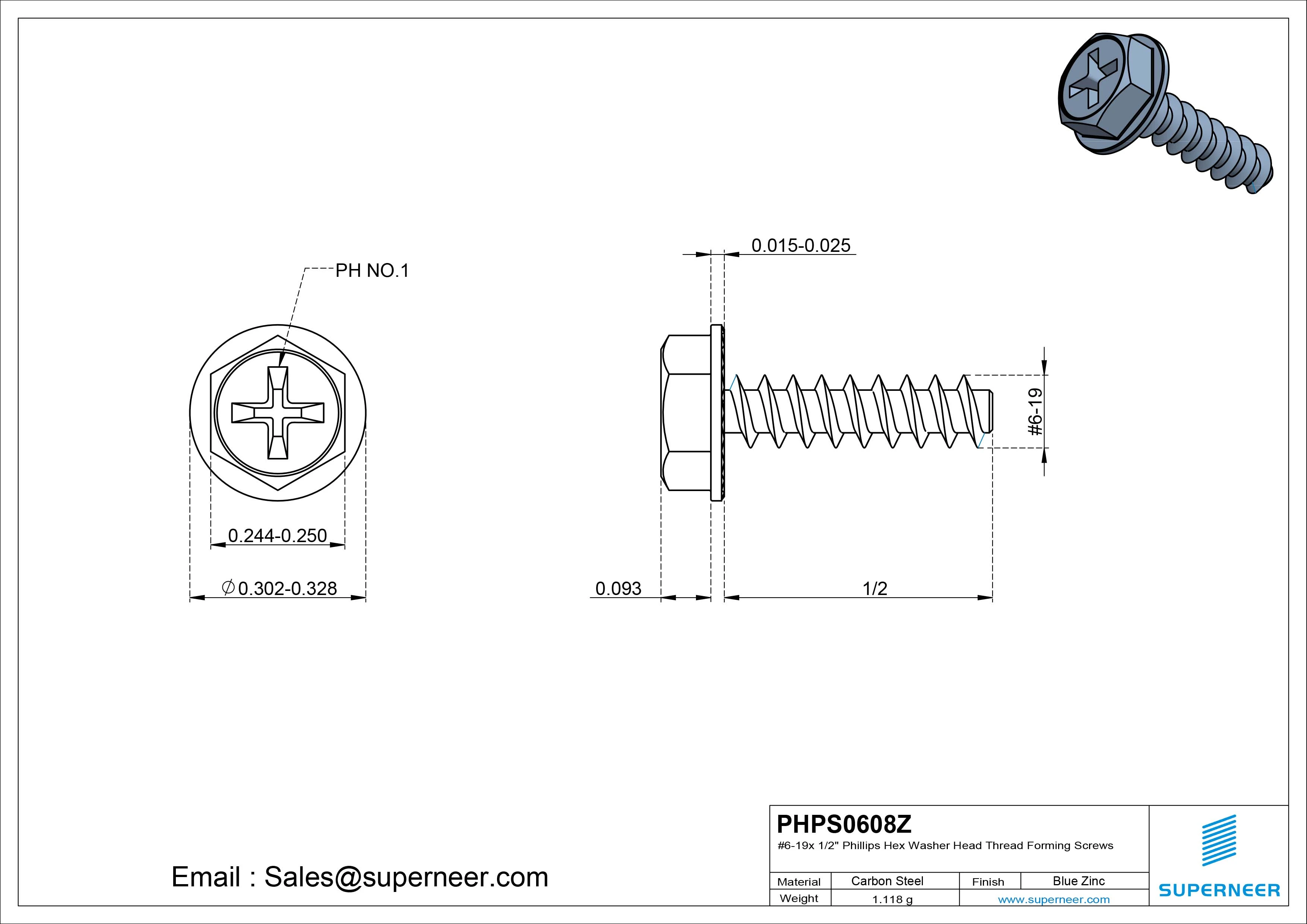 6 &times; 1/2" Hex Washer Serration Head Phillips Thread Forming inch Screws for Plastic  Steel Blue Zinc Plated