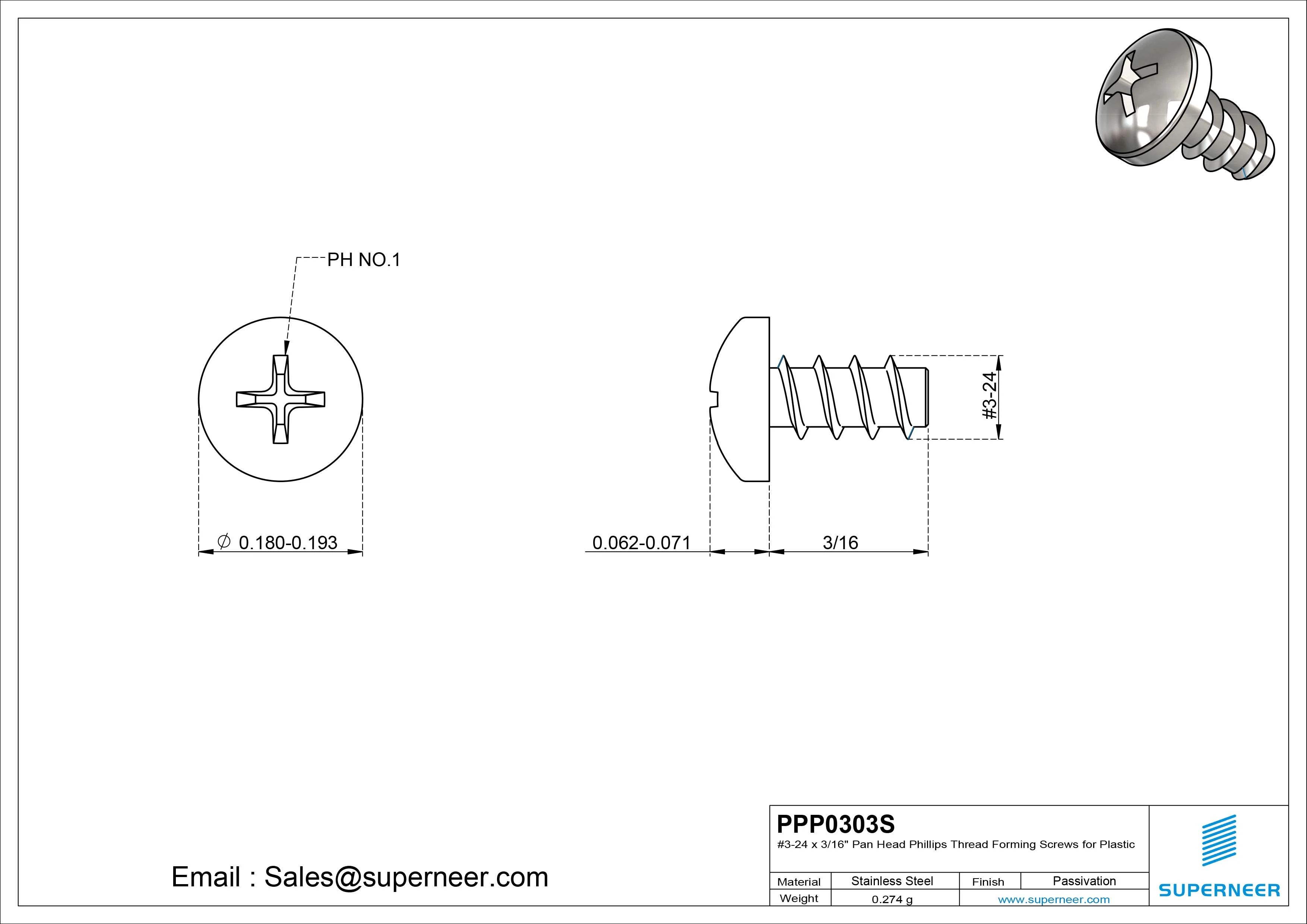 3 &times; 3/16" Pan Head Phillips Thread Forming inch Screws for Plastic  SUS304 Stainless Steel Inox