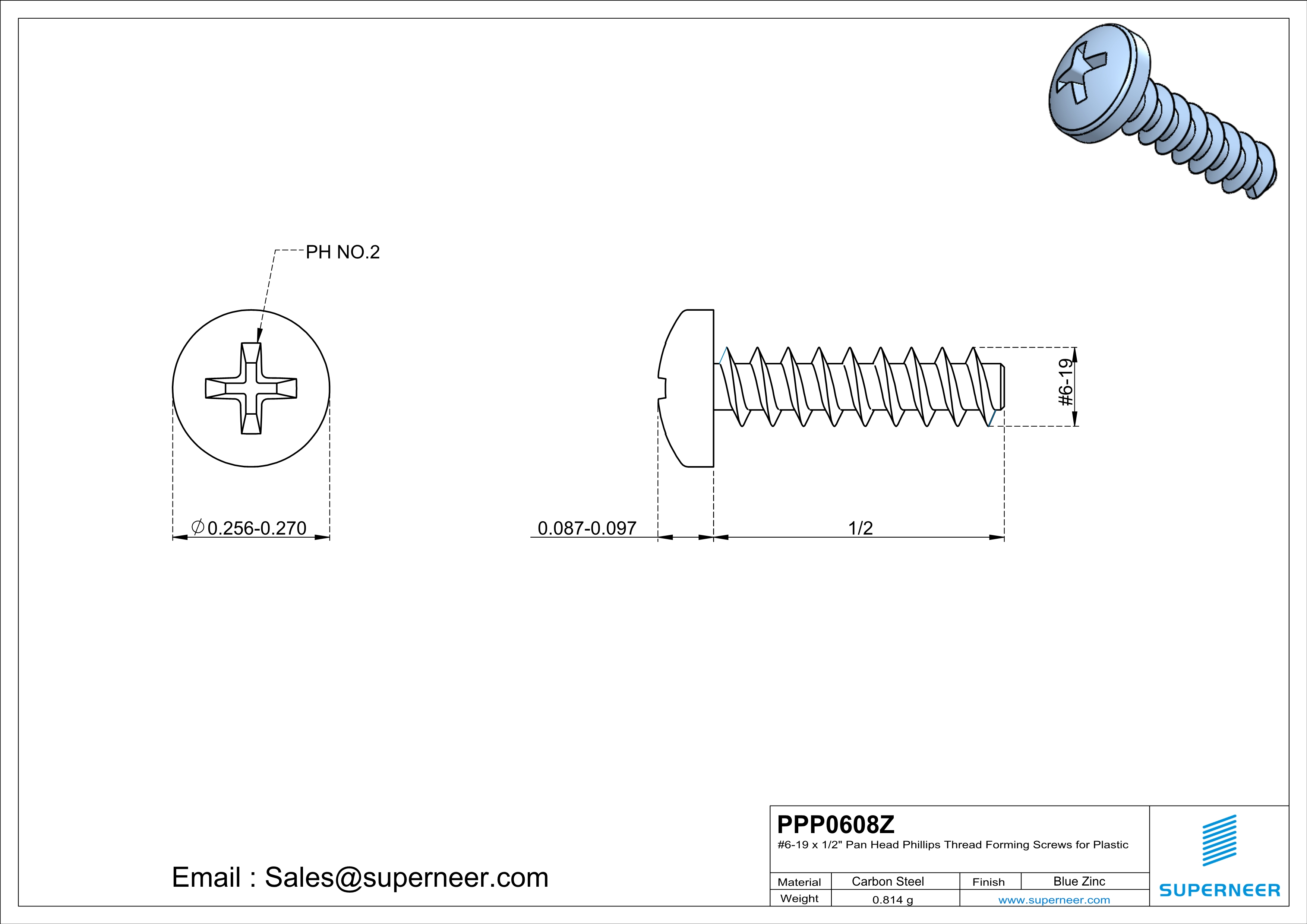 6 × 1/2" Pan Head Phillips Thread Forming inch Screws for Plastic  Steel Blue Zinc Plated