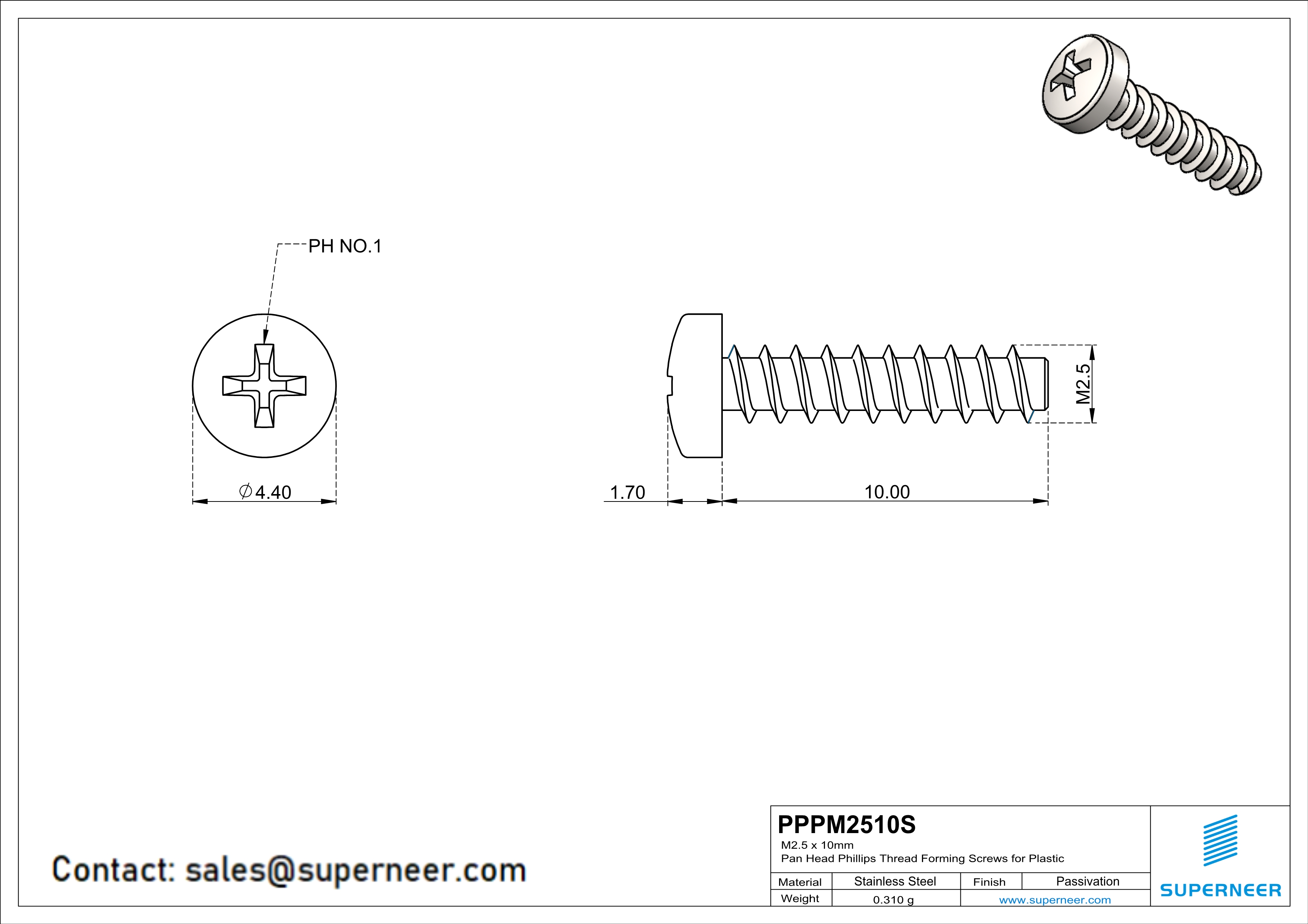 M2.5 × 10mm  Pan Head Phillips Thread Foming Screws for Plastic SUS304 Stainless Steel Inox