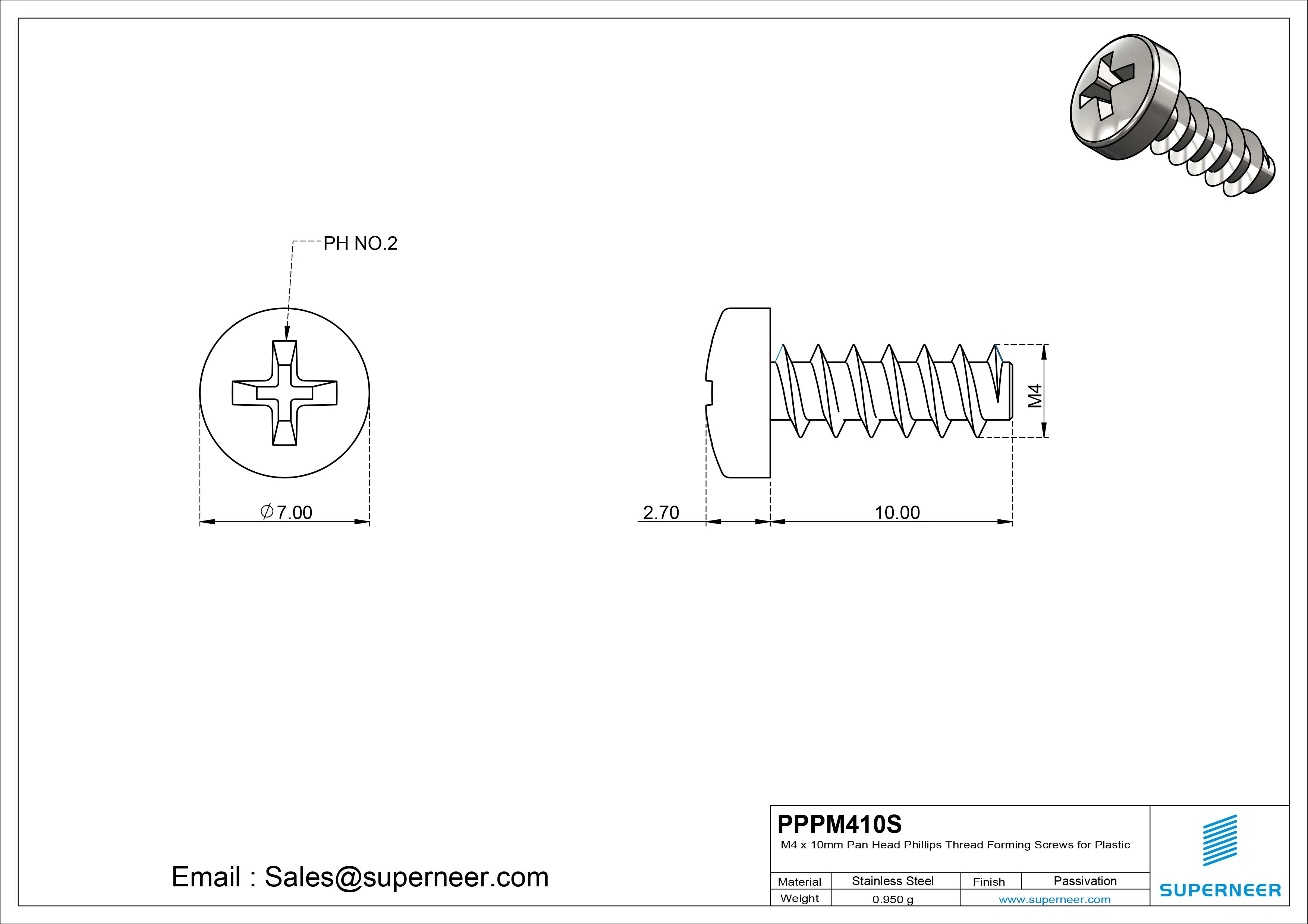 M4 &times; 10mm  Pan Head Phillips Thread Foming Screws for Plastic SUS304 Stainless Steel Inox