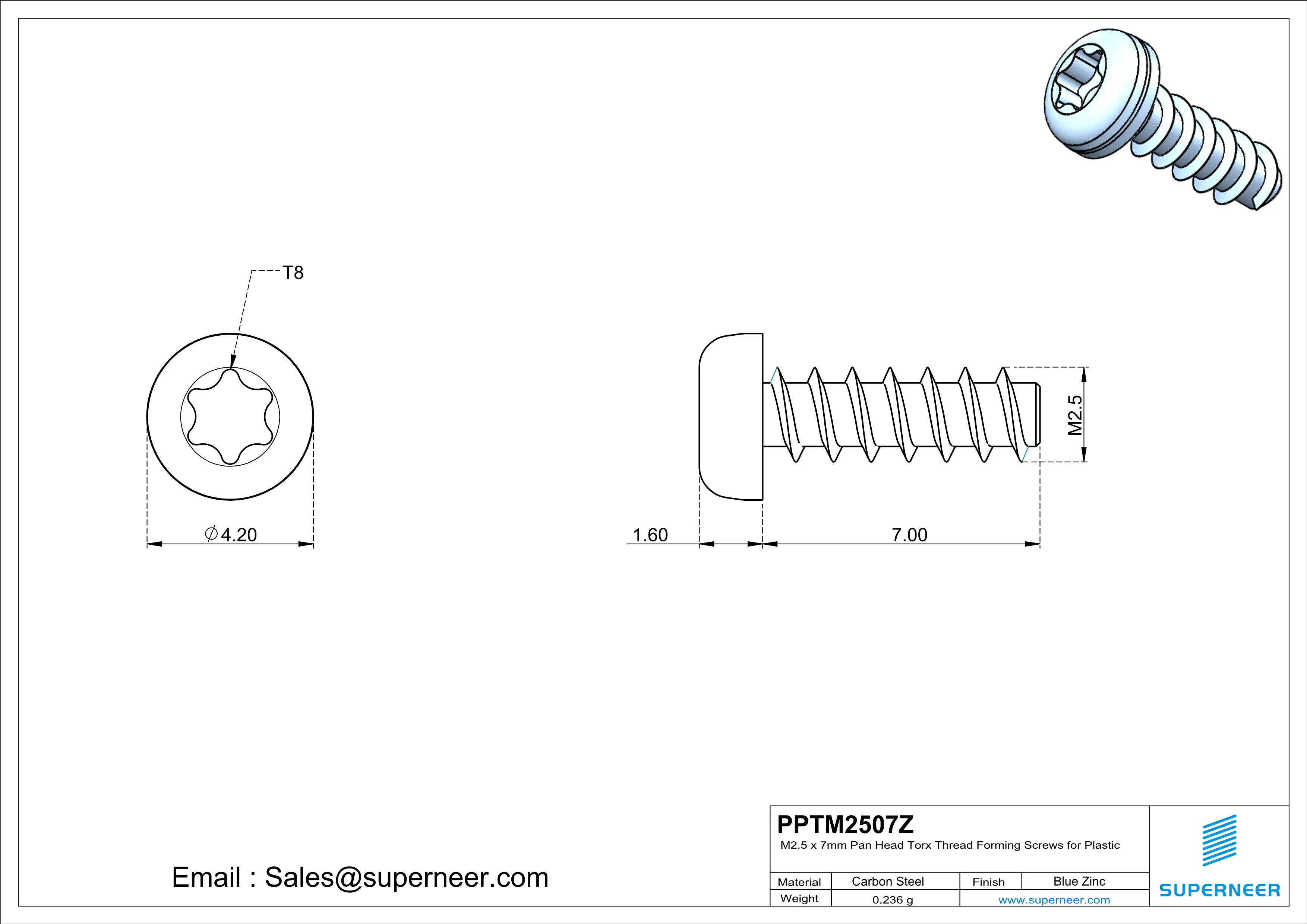 M2.5 × 7mm  Pan Head Torx Thread Foming Screws for Plastic   Steel Blue Zinc Plated