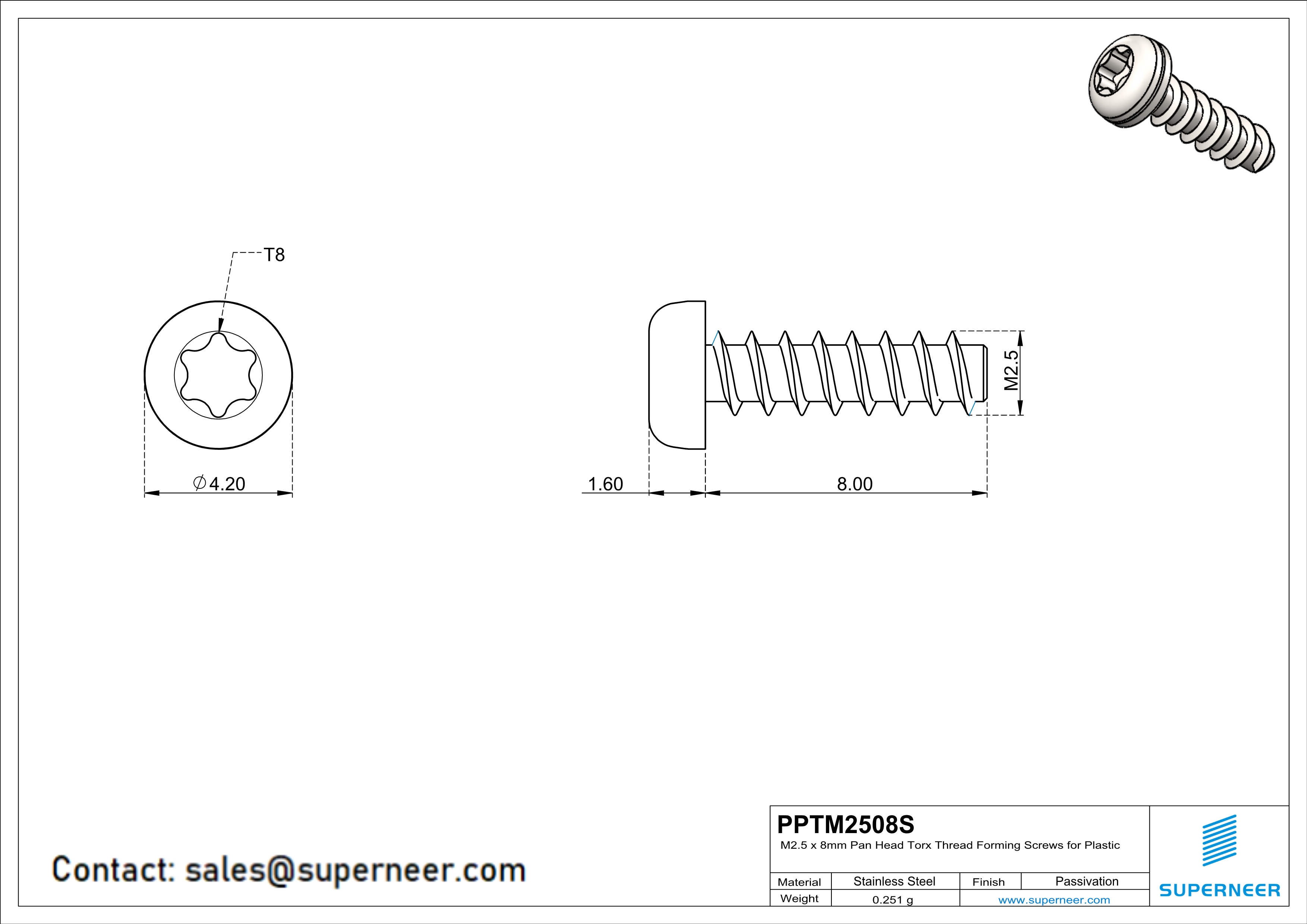 M2.5 × 8mm  Pan Head Torx Thread Foming Screws for Plastic SUS304 Stainless Steel Inox