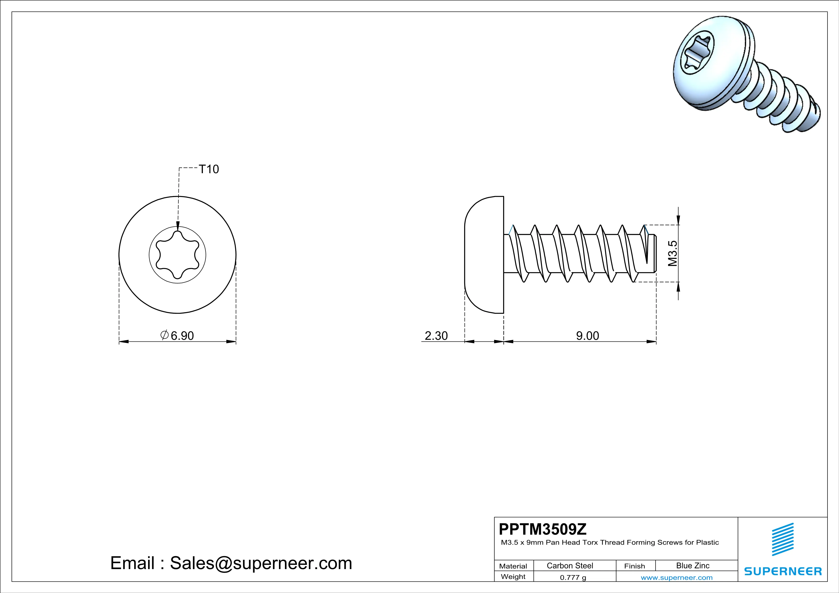 M3.5 × 9mm  Pan Head Torx Thread Foming Screws for Plastic   Steel Blue Zinc Plated