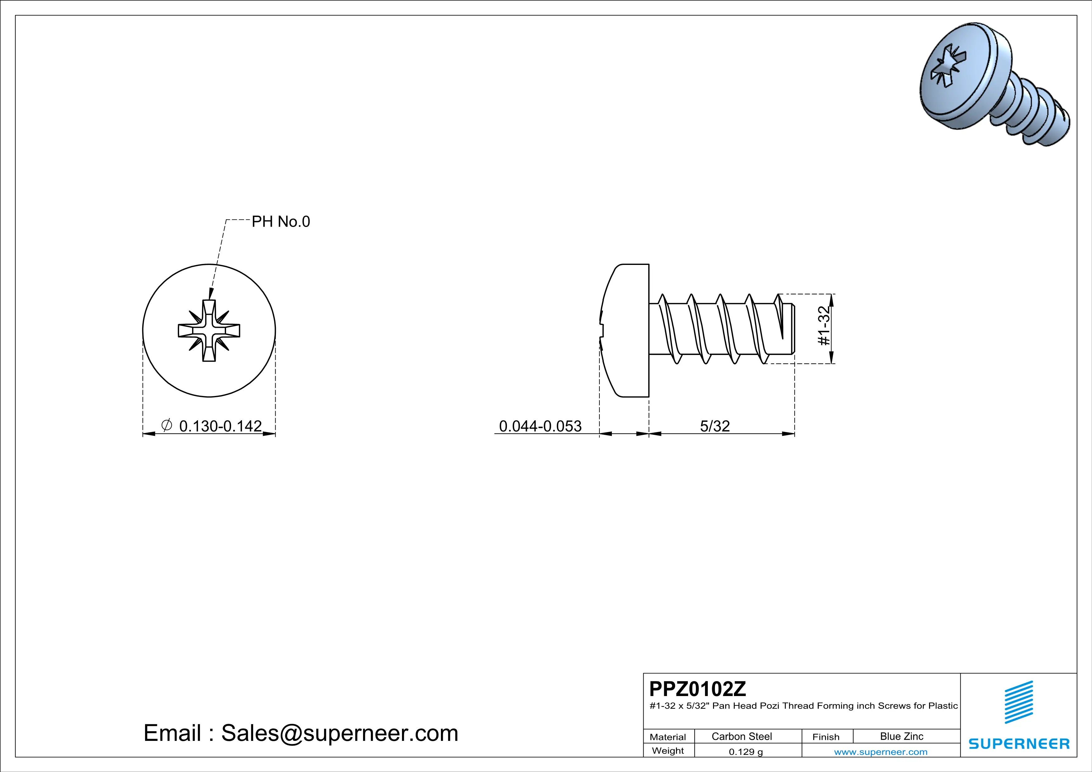 1 × 5/32" Pan Head Pozi Thread Forming inch Screws for Plastic  Steel Blue Zinc Plated