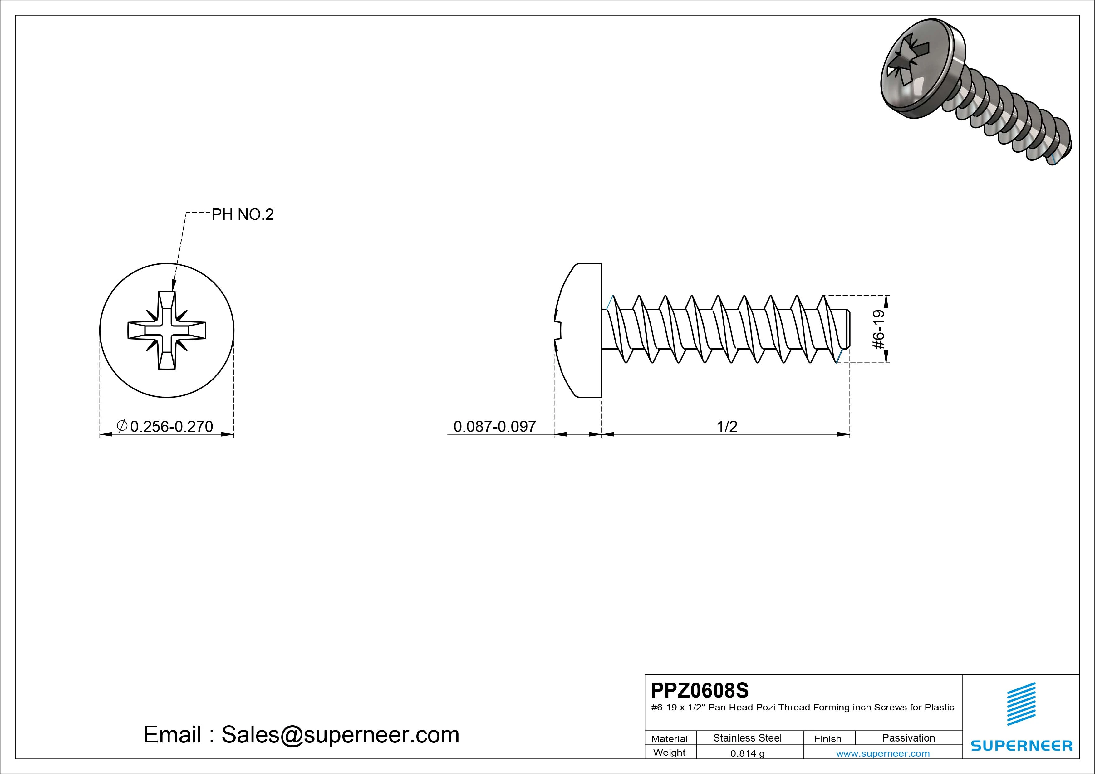 6 &times; 1/2" Pan Head Pozi Thread Forming inch Screws for Plastic  SUS304 Stainless Steel Inox
