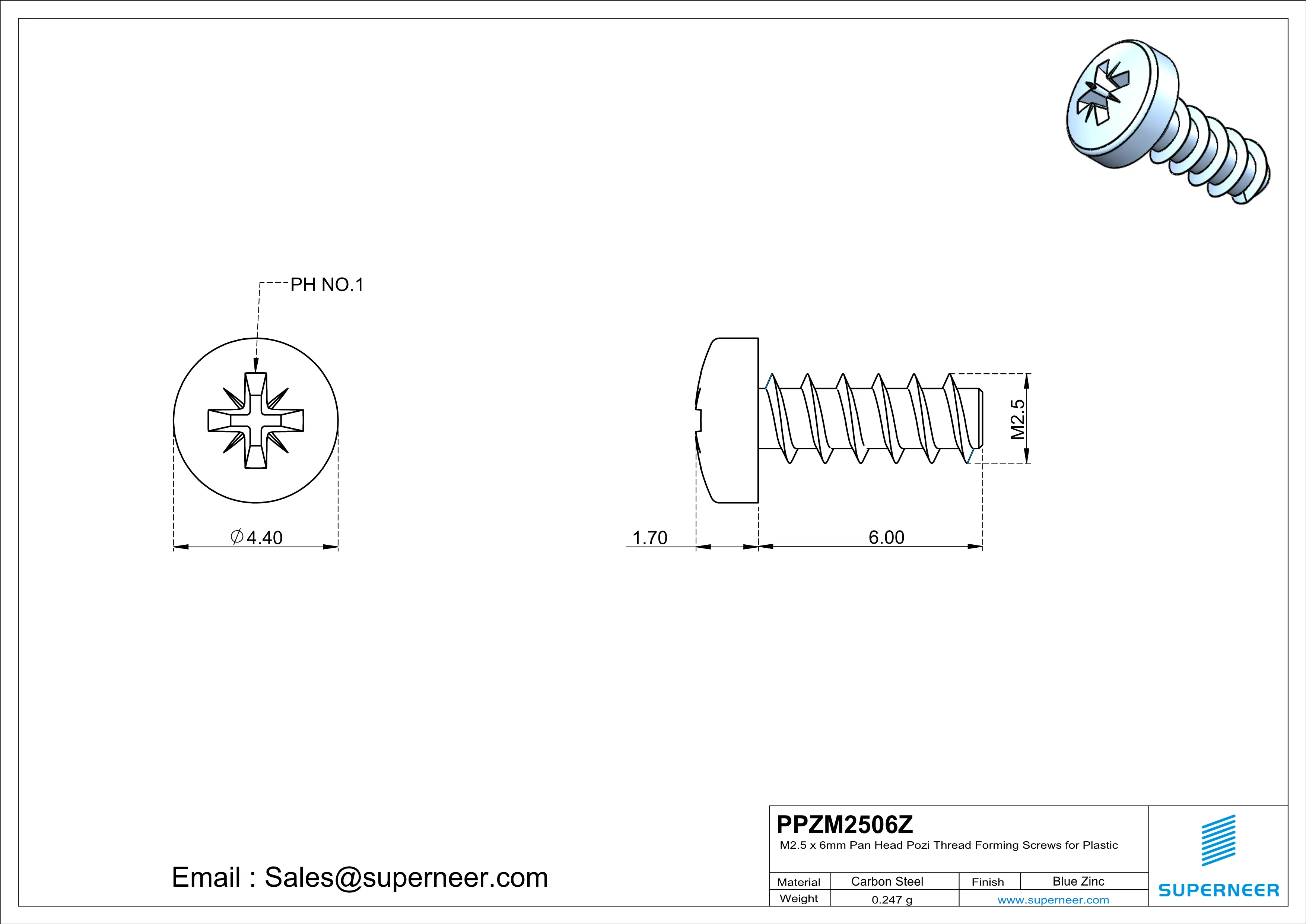 M2.5 × 6mm  Pan Head Pozi Thread Foming Screws for Plastic   Steel Blue Zinc Plated