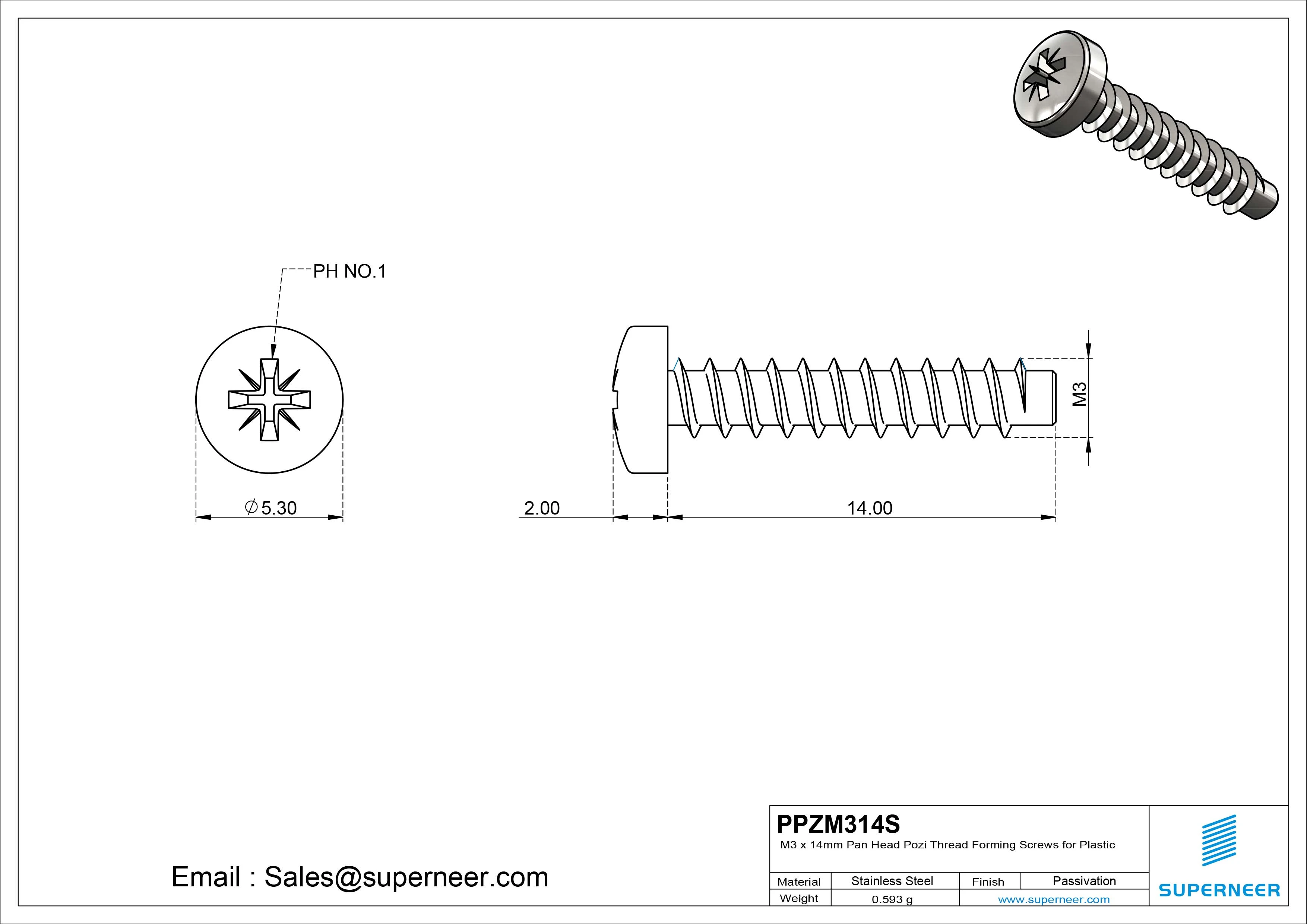 M3 &times; 14mm  Pan Head Pozi Thread Foming Screws for Plastic SUS304 Stainless Steel Inox