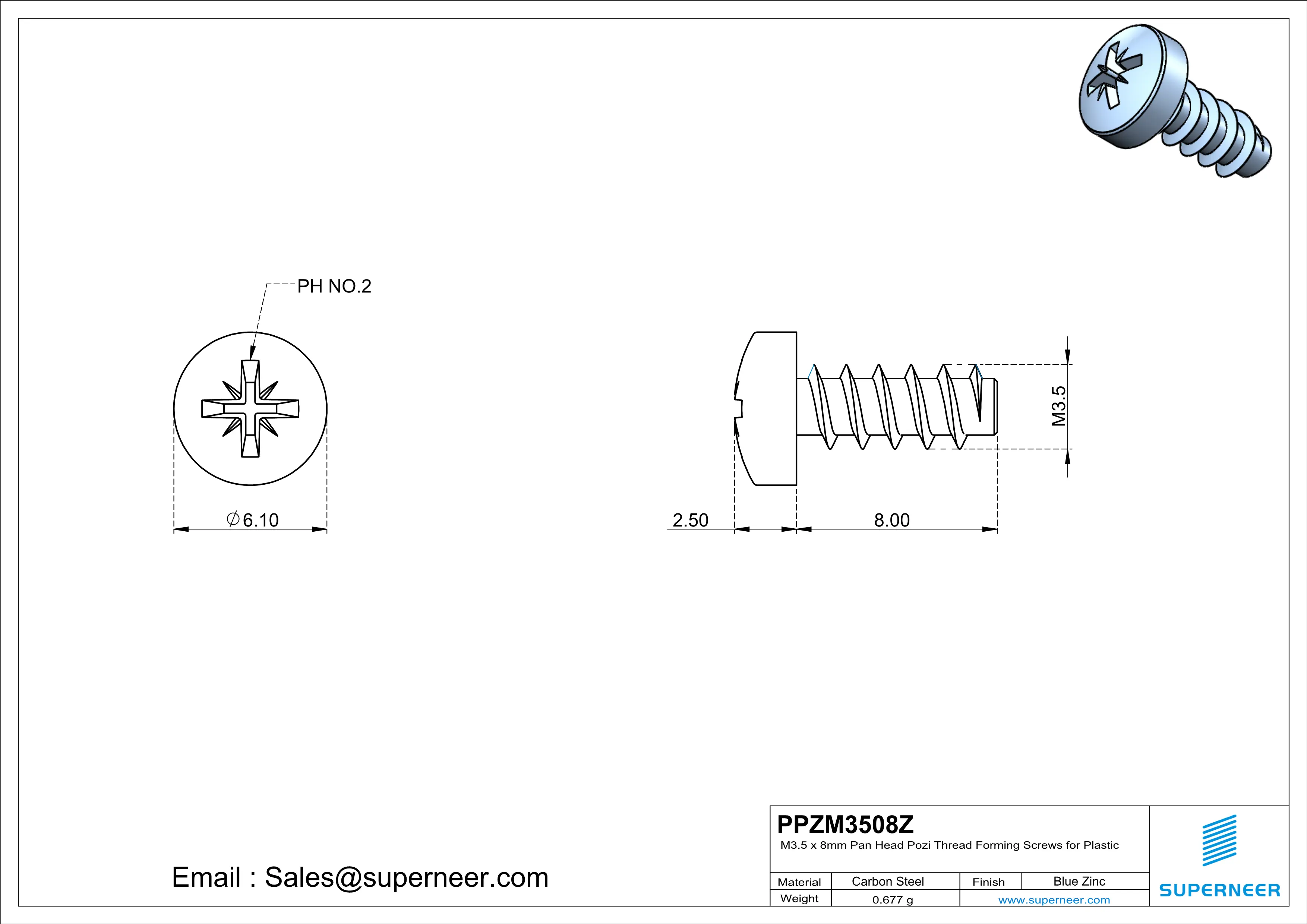 M3.5 × 8mm  Pan Head Pozi Thread Foming Screws for Plastic   Steel Blue Zinc Plated