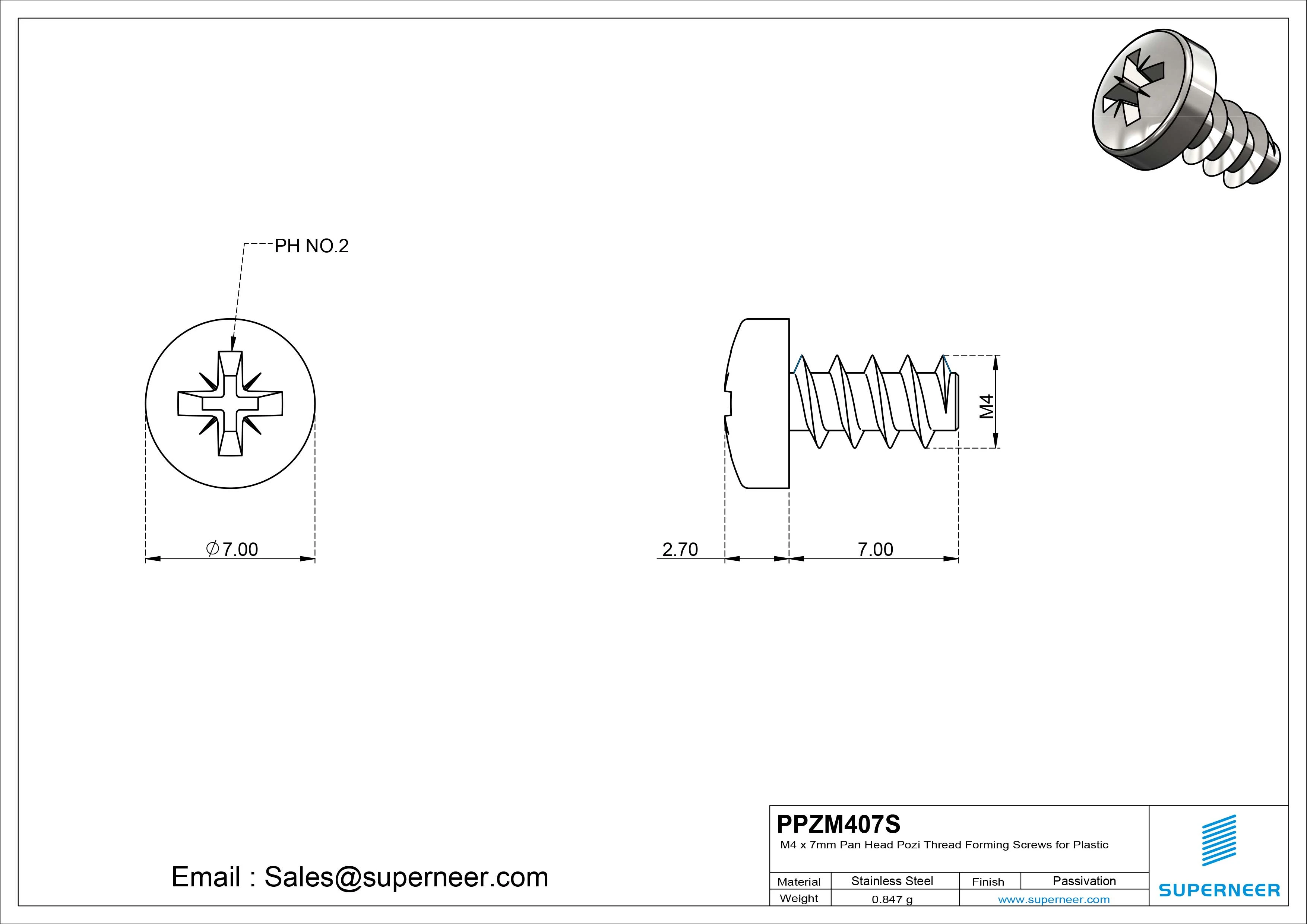 M4 &times; 7mm  Pan Head Pozi Thread Foming Screws for Plastic SUS304 Stainless Steel Inox