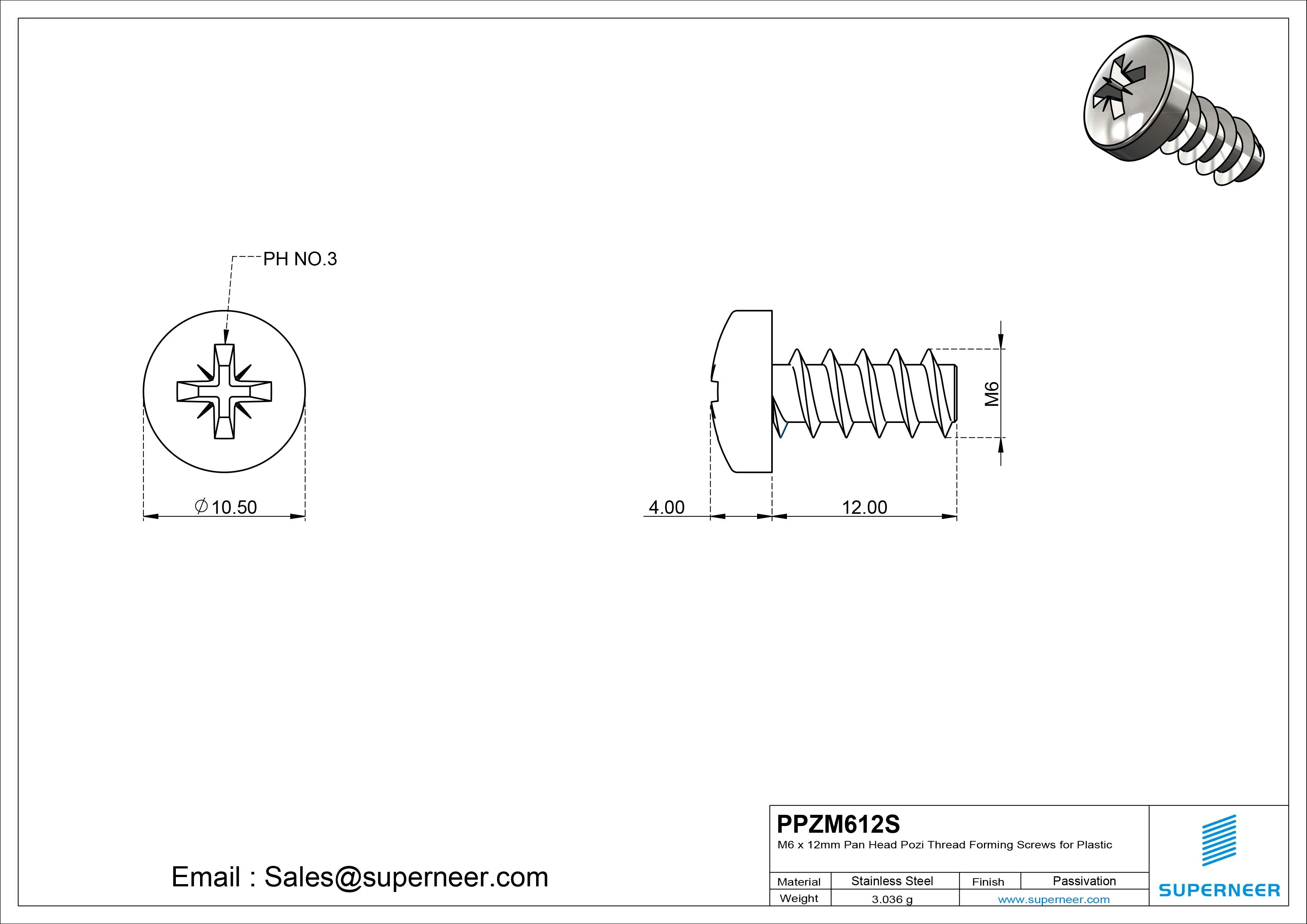 M6 &times; 12mm  Pan Head Pozi Thread Foming Screws for Plastic SUS304 Stainless Steel Inox