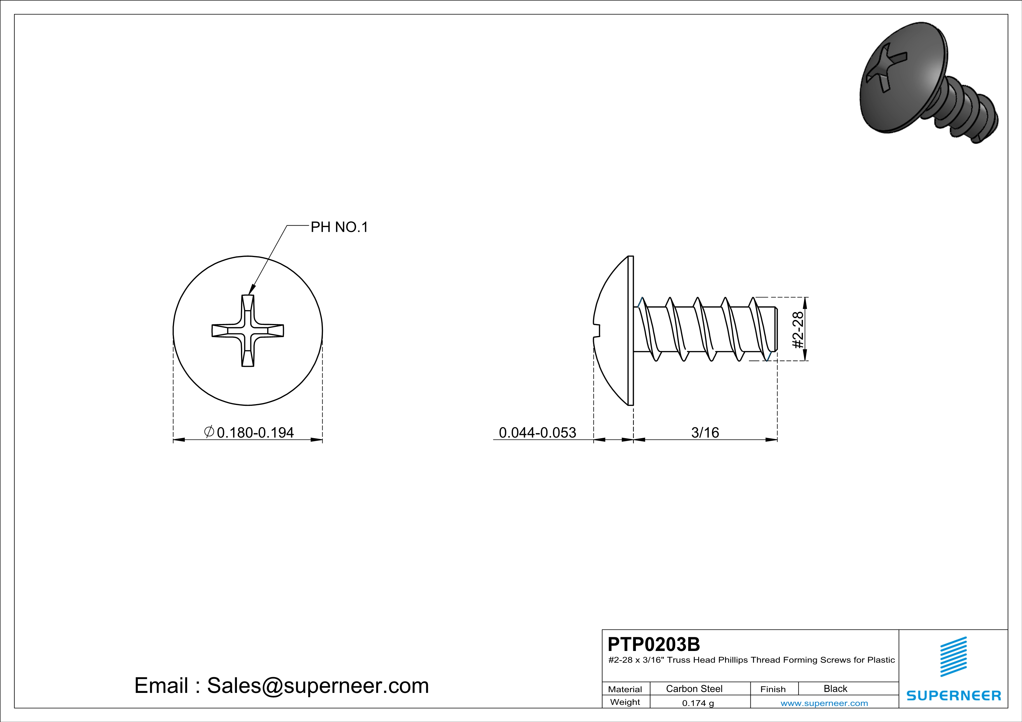 2 &times; 3/16" Truss Head Phillips Thread Forming inch Screws for Plastic  Steel Black