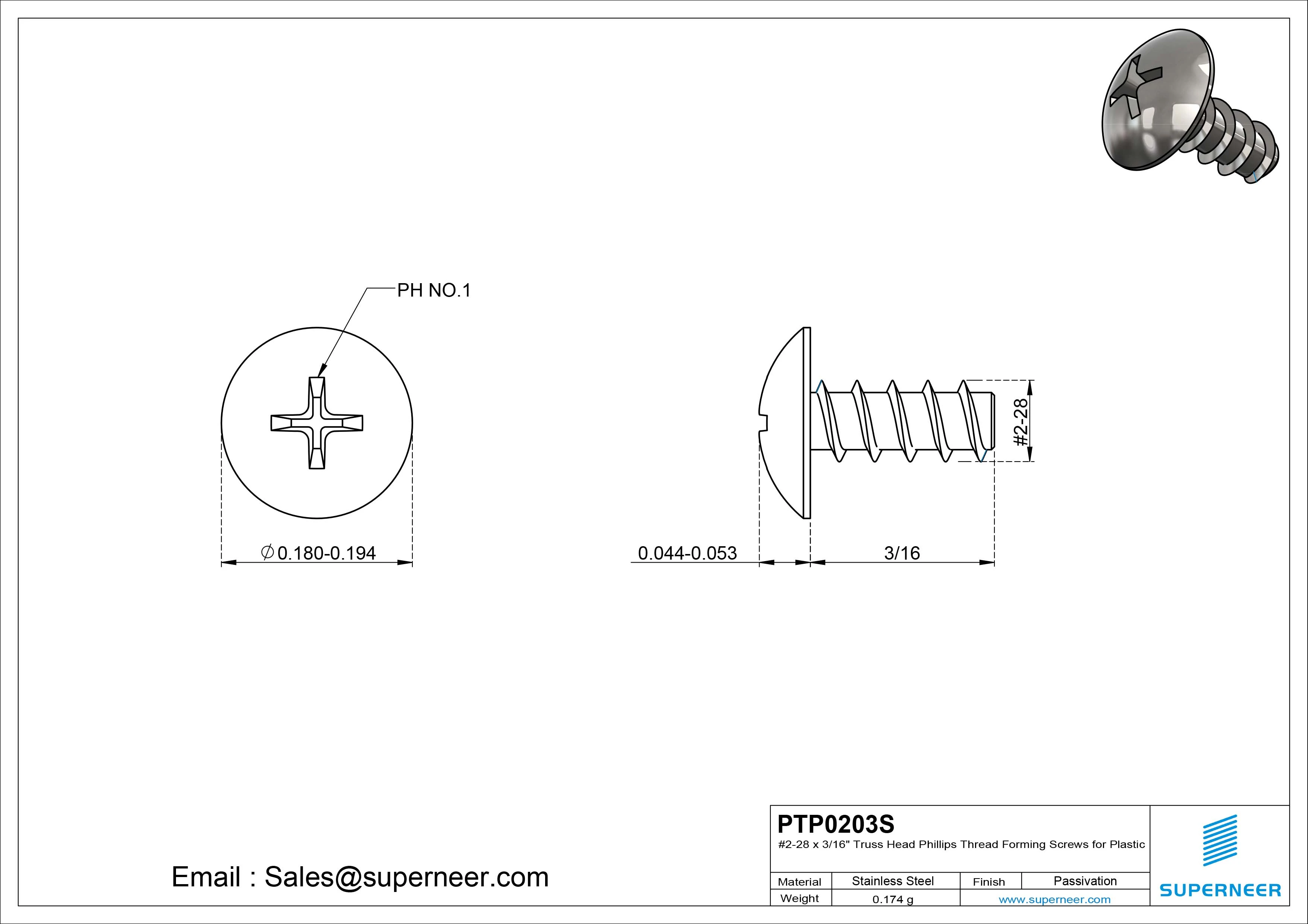 2 &times; 3/16" Truss Head Phillips Thread Forming inch Screws for Plastic  SUS304 Stainless Steel Inox