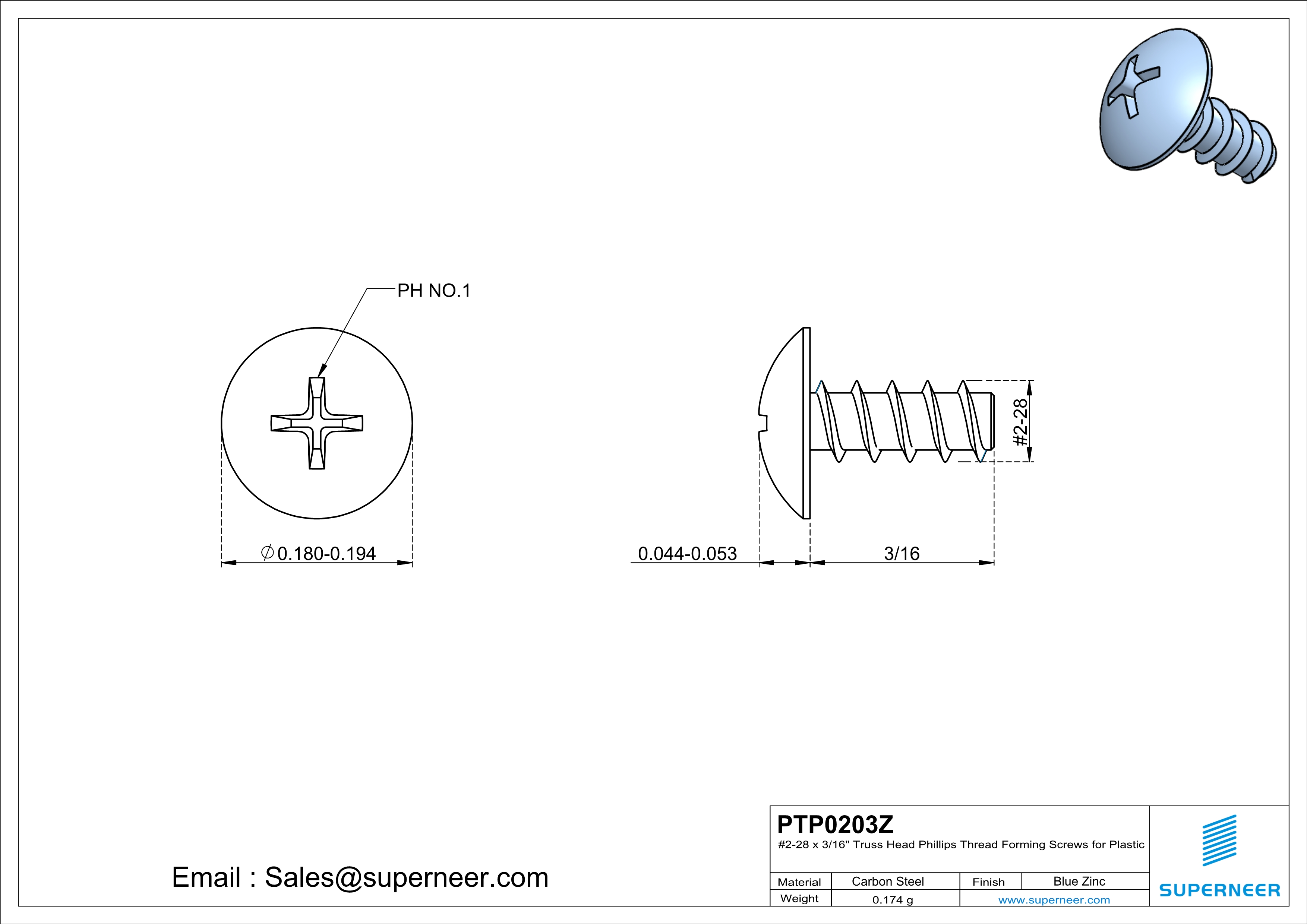 2 &times; 3/16" Truss Head Phillips Thread Forming inch Screws for Plastic  Steel Blue Zinc Plated