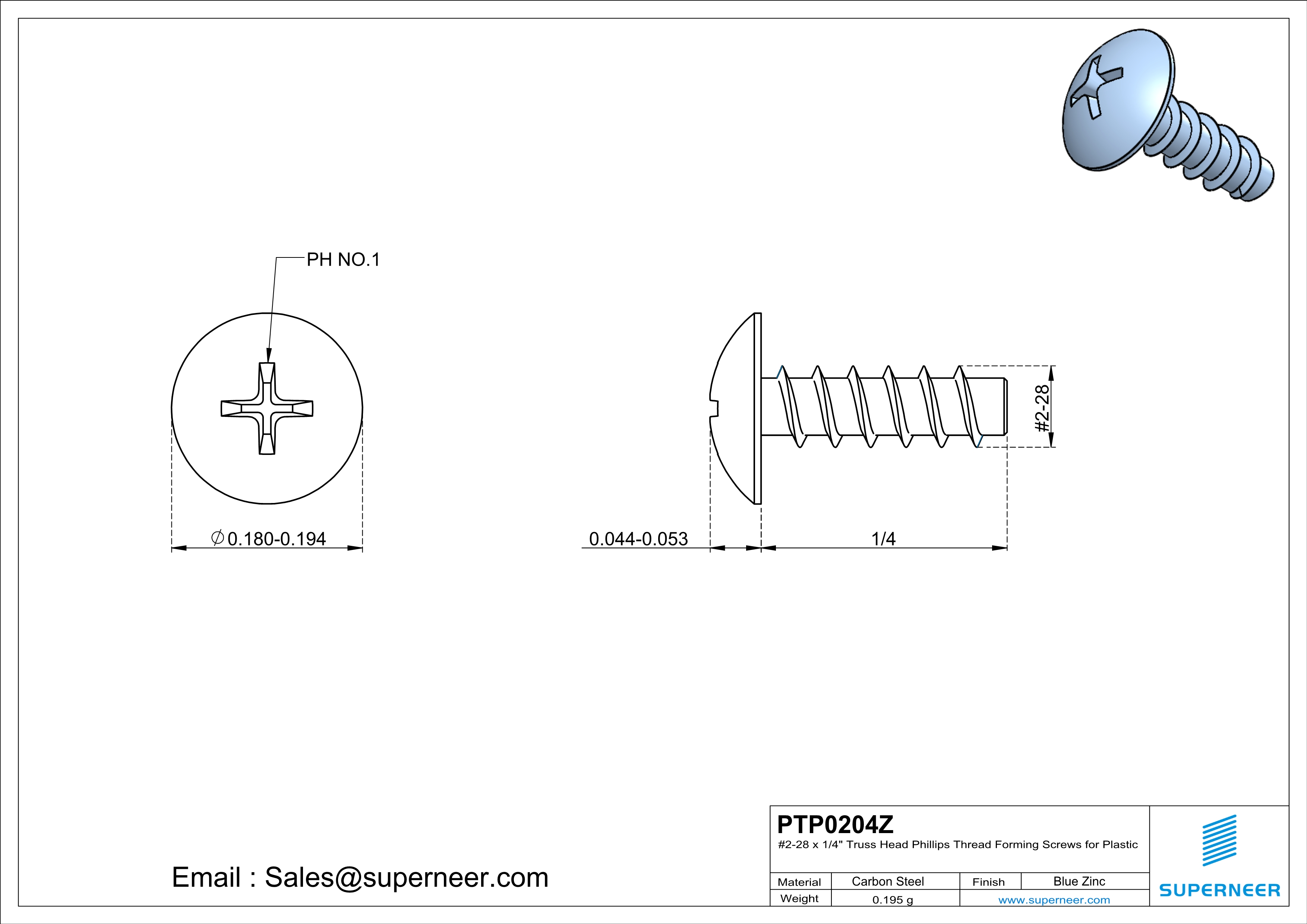 2 &times; 1/4" Truss Head Phillips Thread Forming inch Screws for Plastic  Steel Blue Zinc Plated