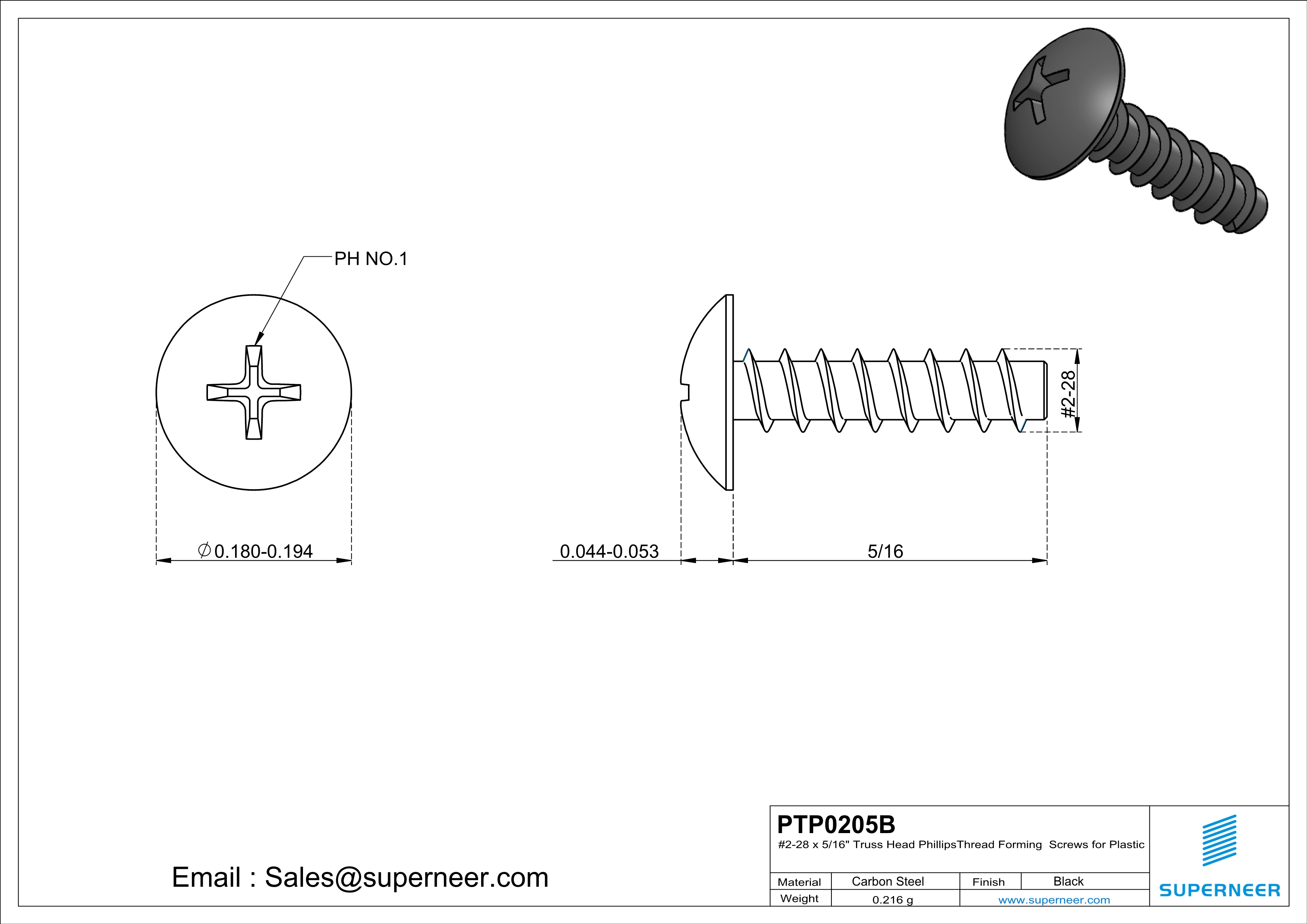2 &times; 5/16" Truss Head Phillips Thread Forming inch Screws for Plastic  Steel Black