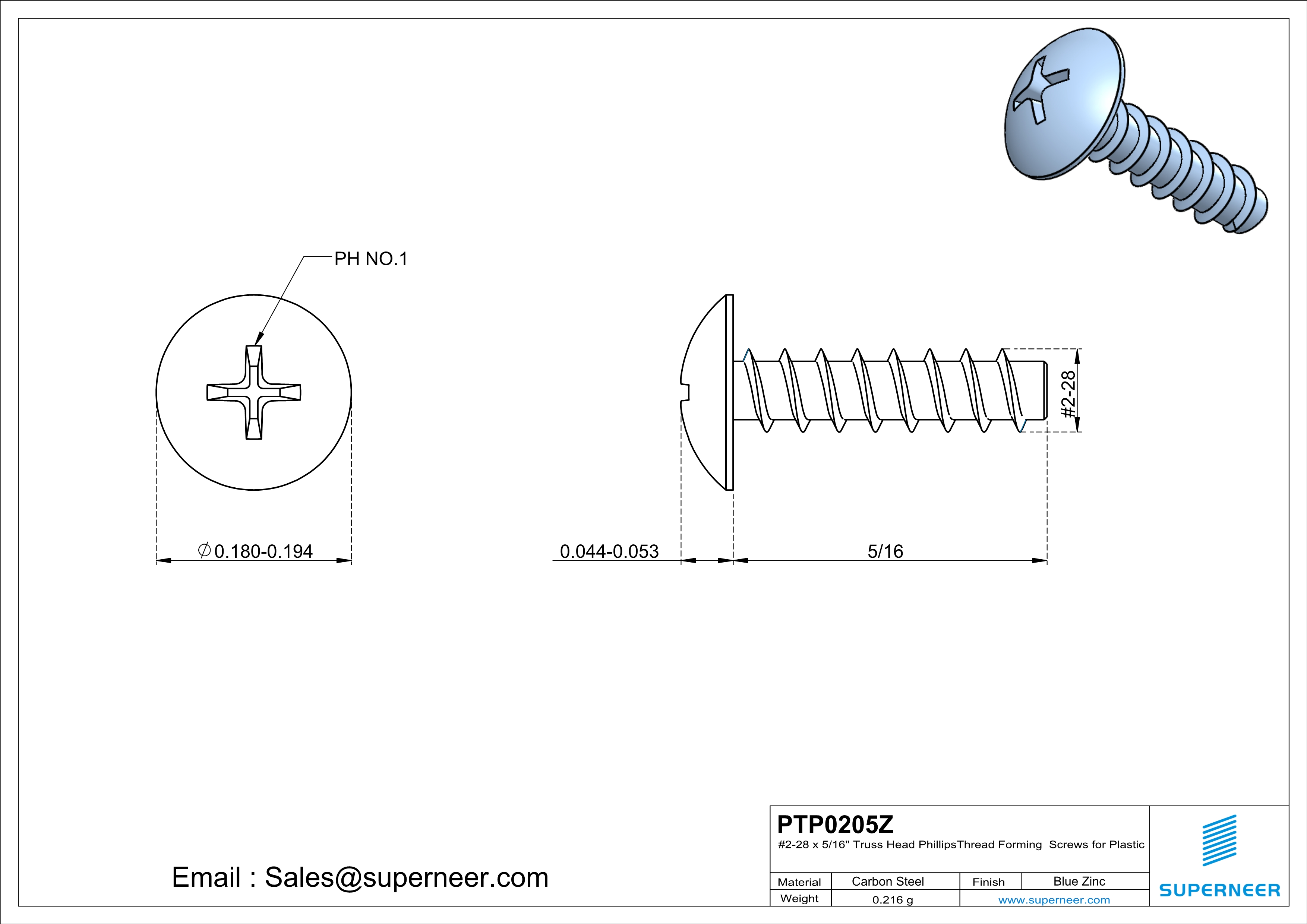 2 &times; 5/16" Truss Head Phillips Thread Forming inch Screws for Plastic  Steel Blue Zinc Plated