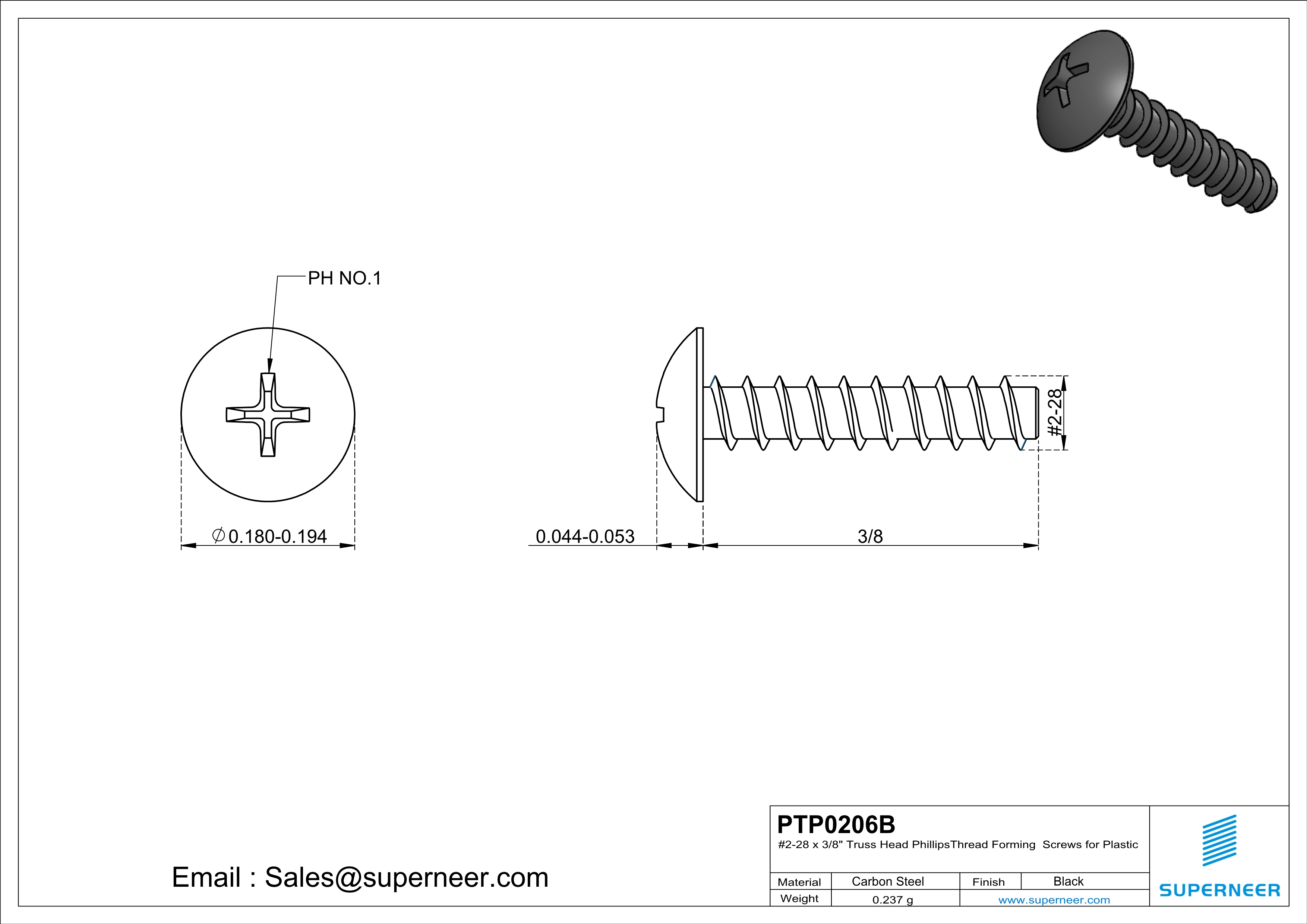 2 &times; 3/8" Truss Head Phillips Thread Forming inch Screws for Plastic  Steel Black