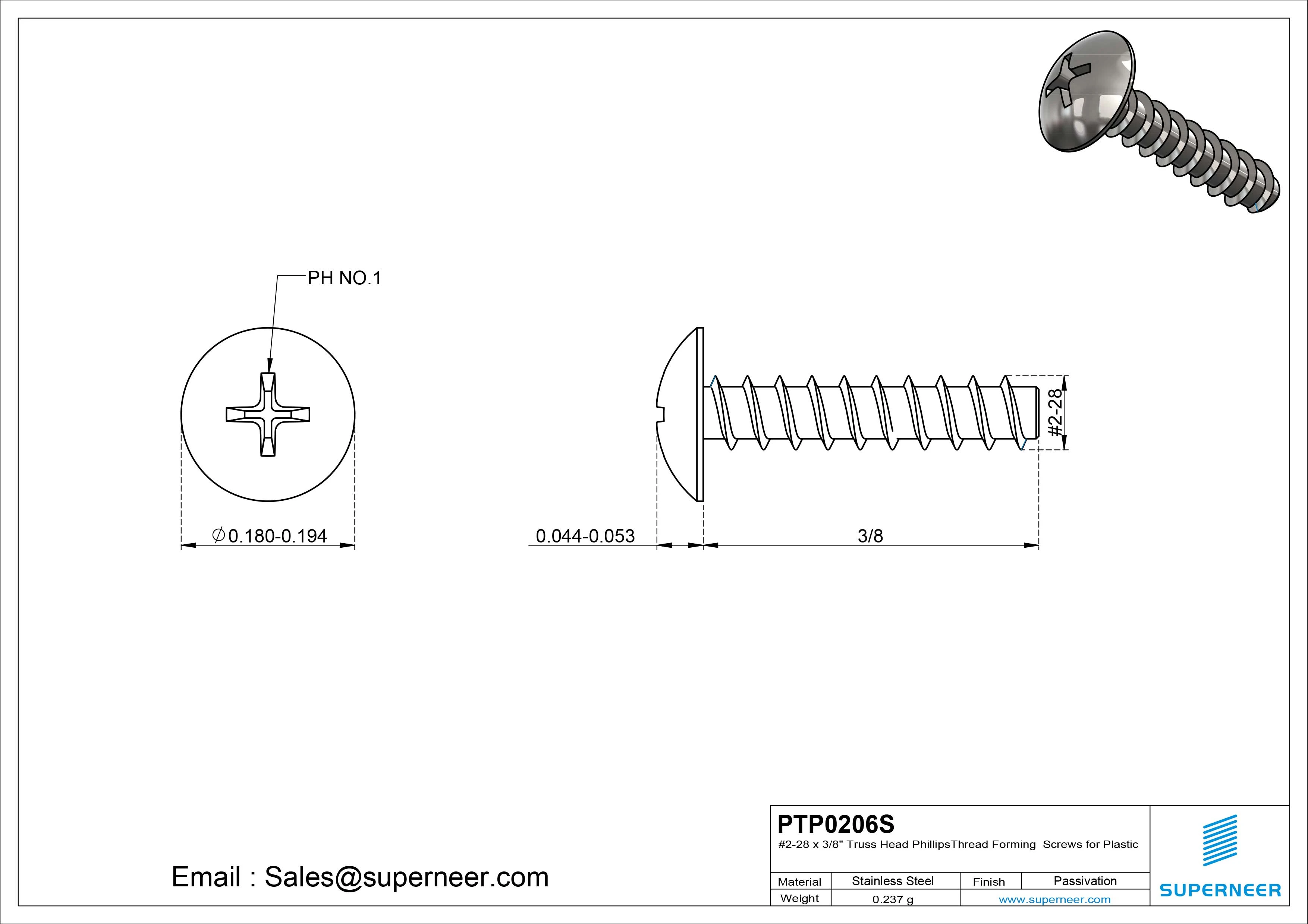 2 &times; 3/8" Truss Head Phillips Thread Forming inch Screws for Plastic  SUS304 Stainless Steel Inox