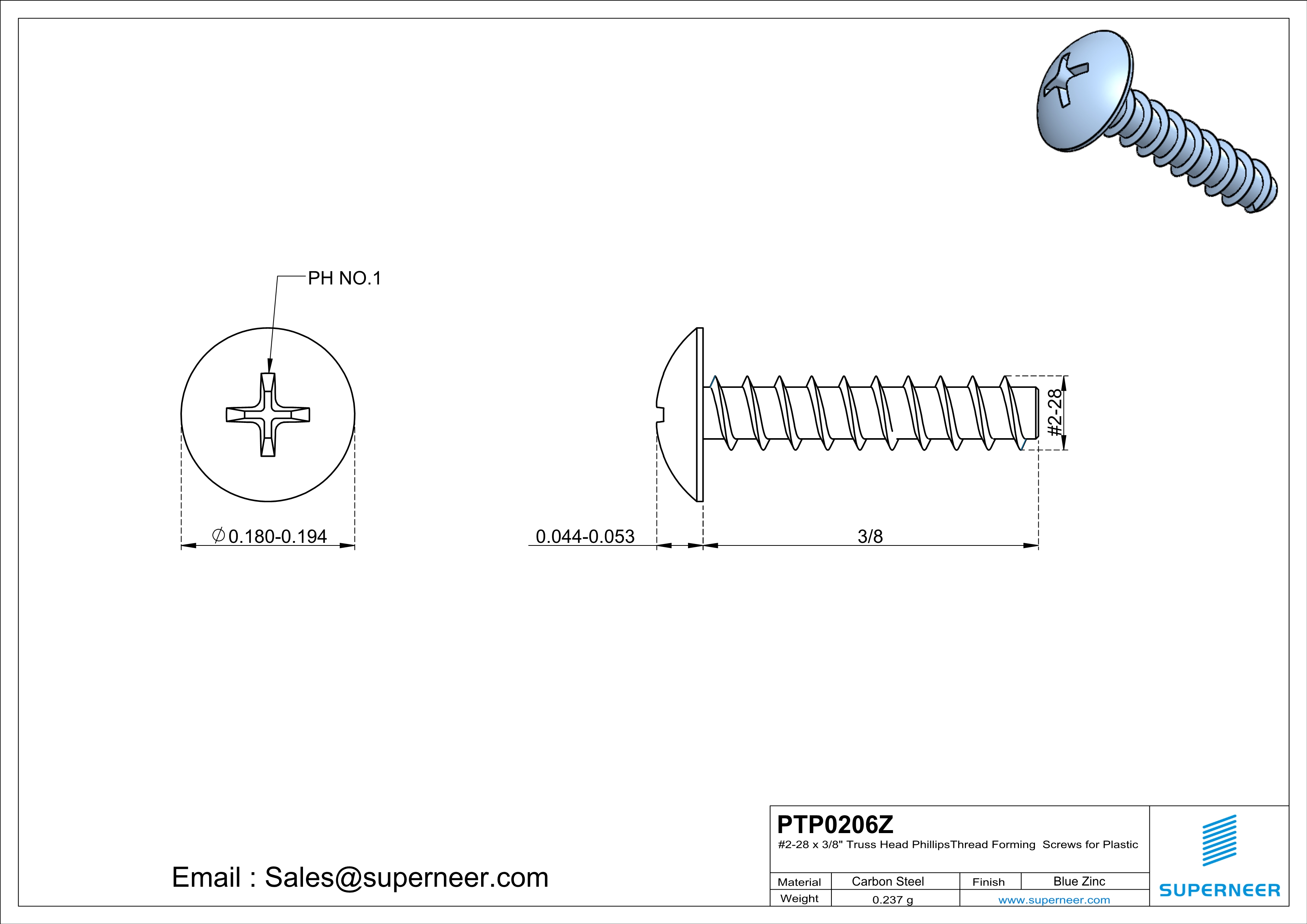 2 &times; 3/8" Truss Head Phillips Thread Forming inch Screws for Plastic  Steel Blue Zinc Plated
