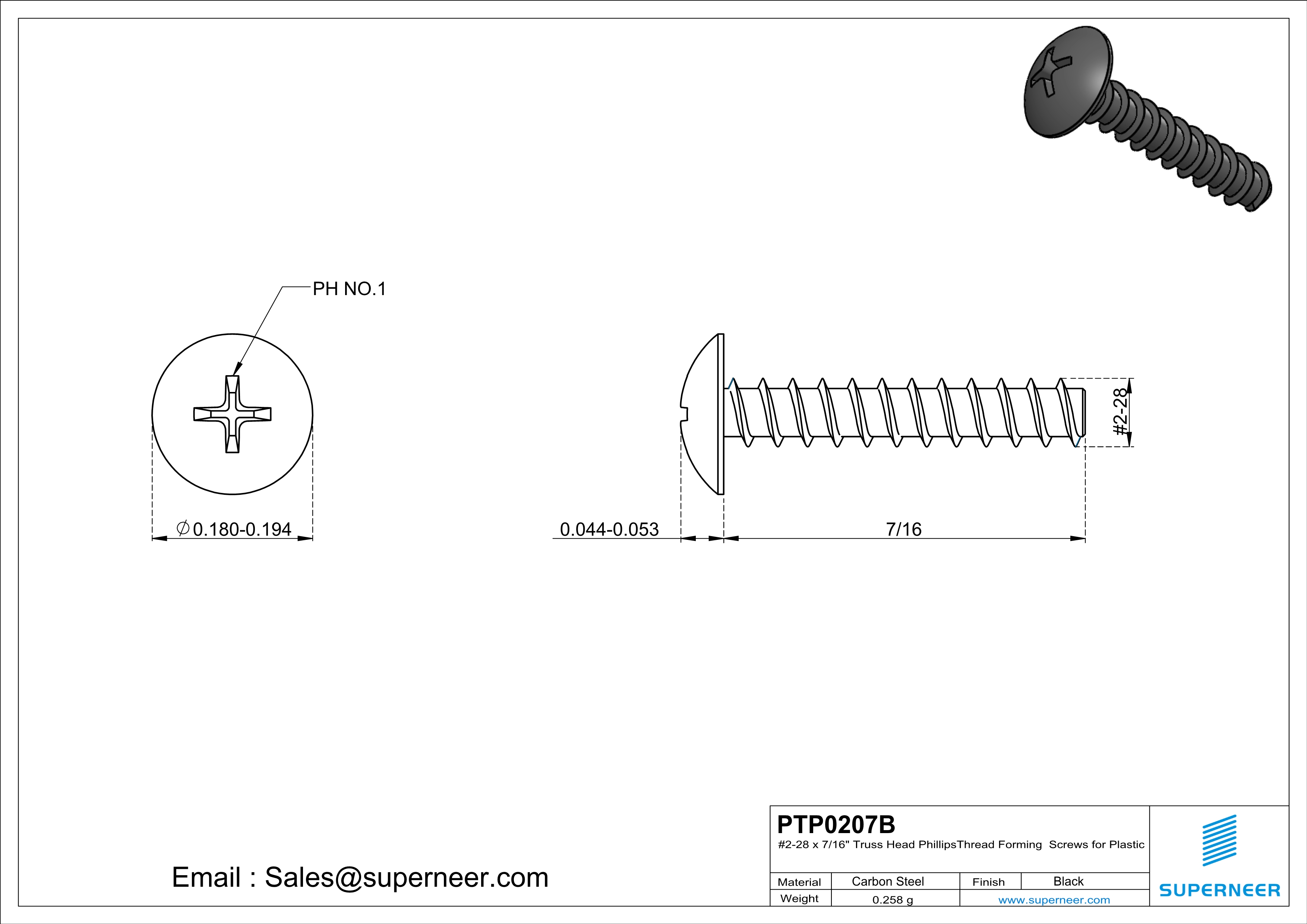 2 &times; 7/16" Truss Head Phillips Thread Forming inch Screws for Plastic  Steel Black