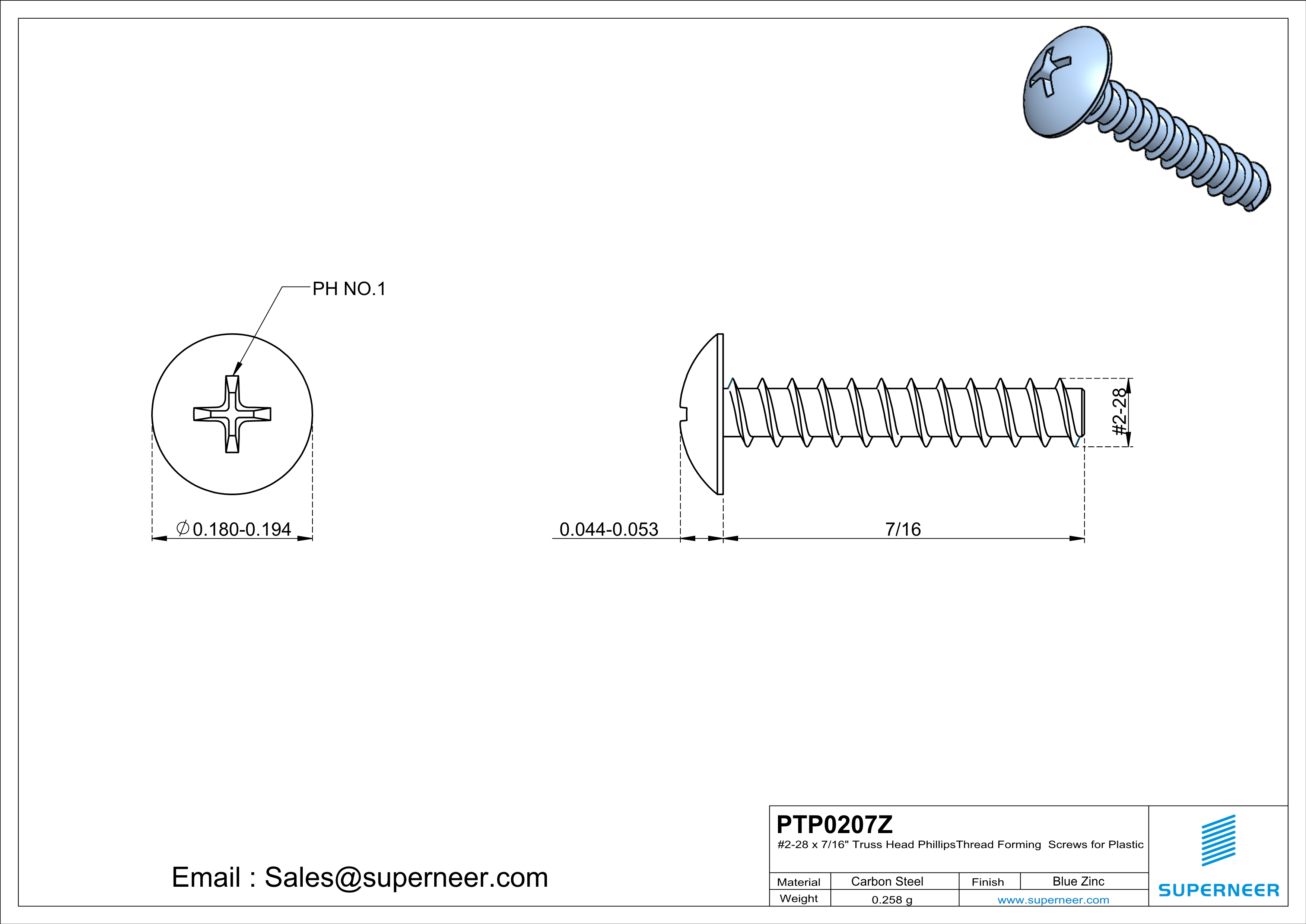 2 &times; 7/16" Truss Head Phillips Thread Forming inch Screws for Plastic  Steel Blue Zinc Plated