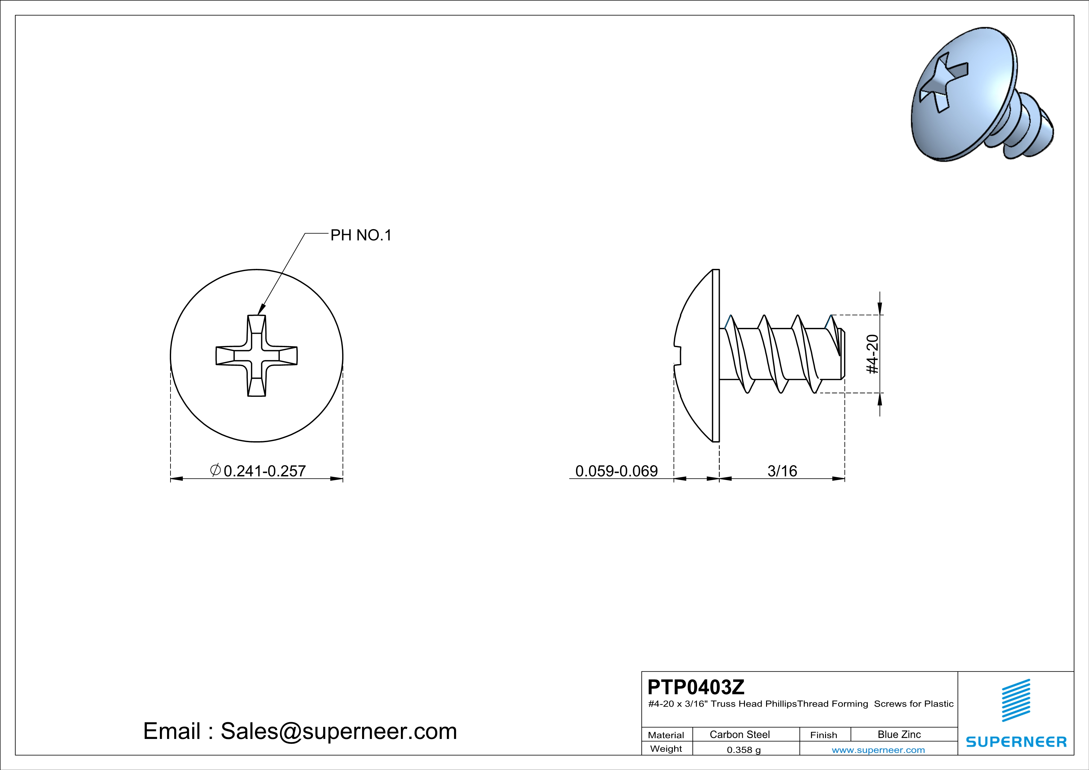 4 &times; 3/16" Truss Head Phillips Thread Forming inch Screws for Plastic  Steel Blue Zinc Plated