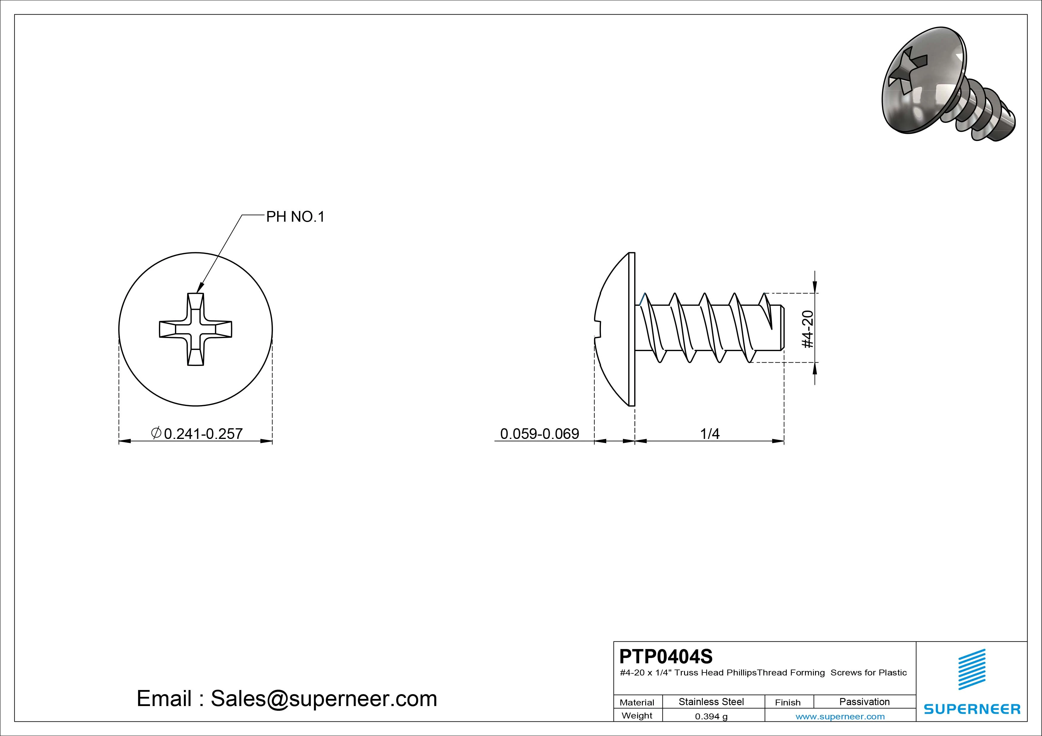 4 &times; 1/4" Truss Head Phillips Thread Forming inch Screws for Plastic  SUS304 Stainless Steel Inox