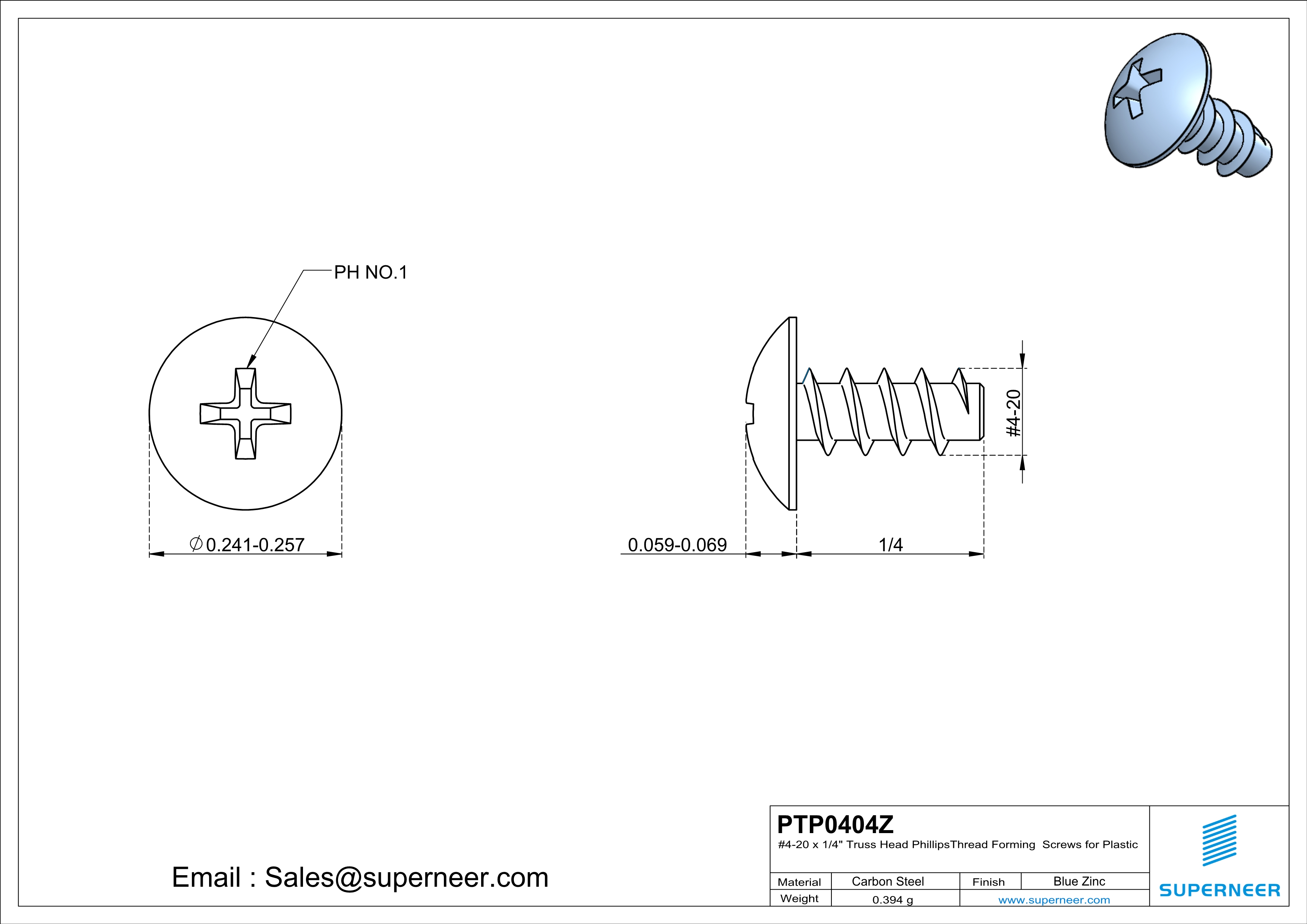 4 &times; 1/4" Truss Head Phillips Thread Forming inch Screws for Plastic  Steel Blue Zinc Plated