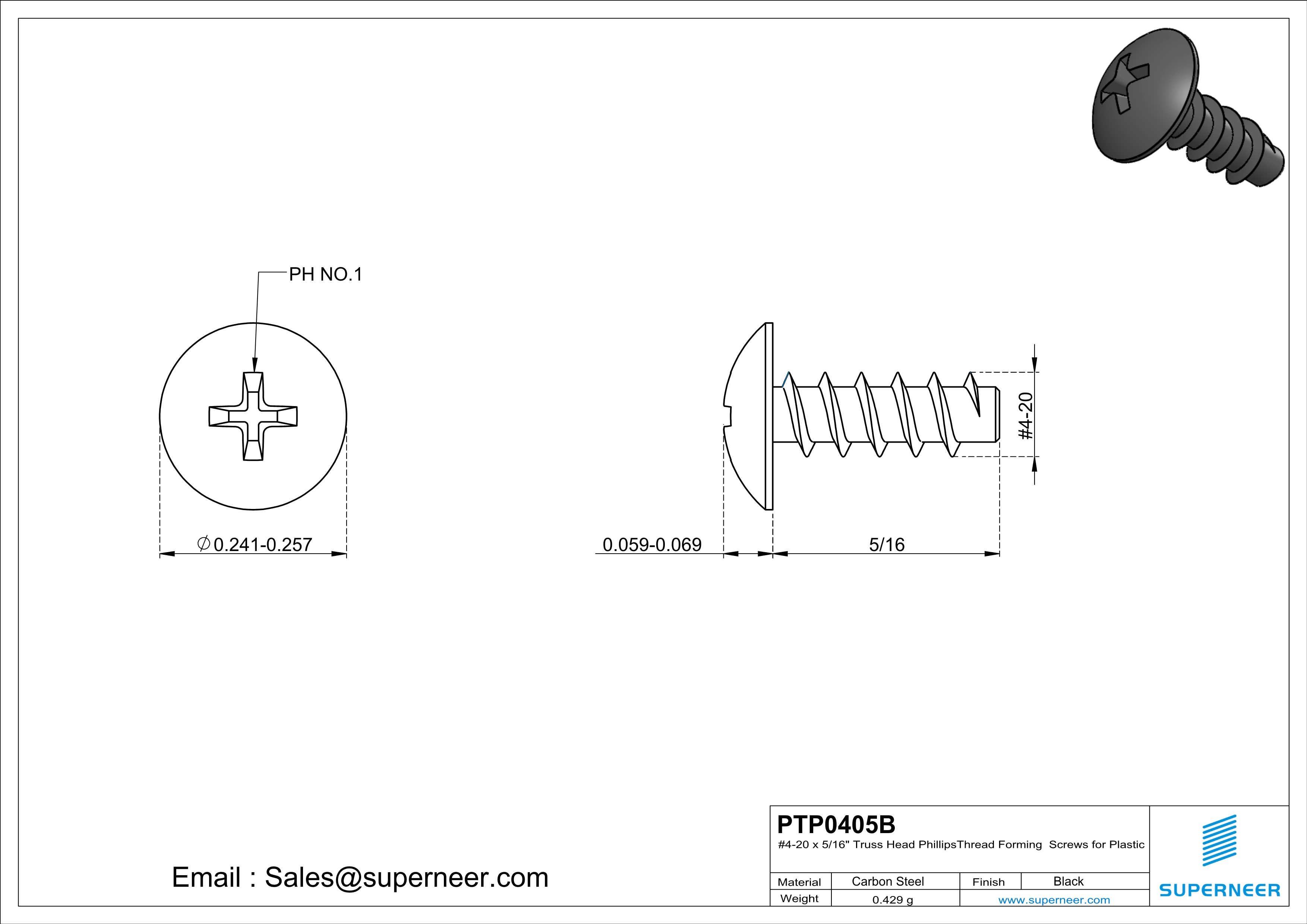 4 &times; 5/16" Truss Head Phillips Thread Forming inch Screws for Plastic  Steel Black