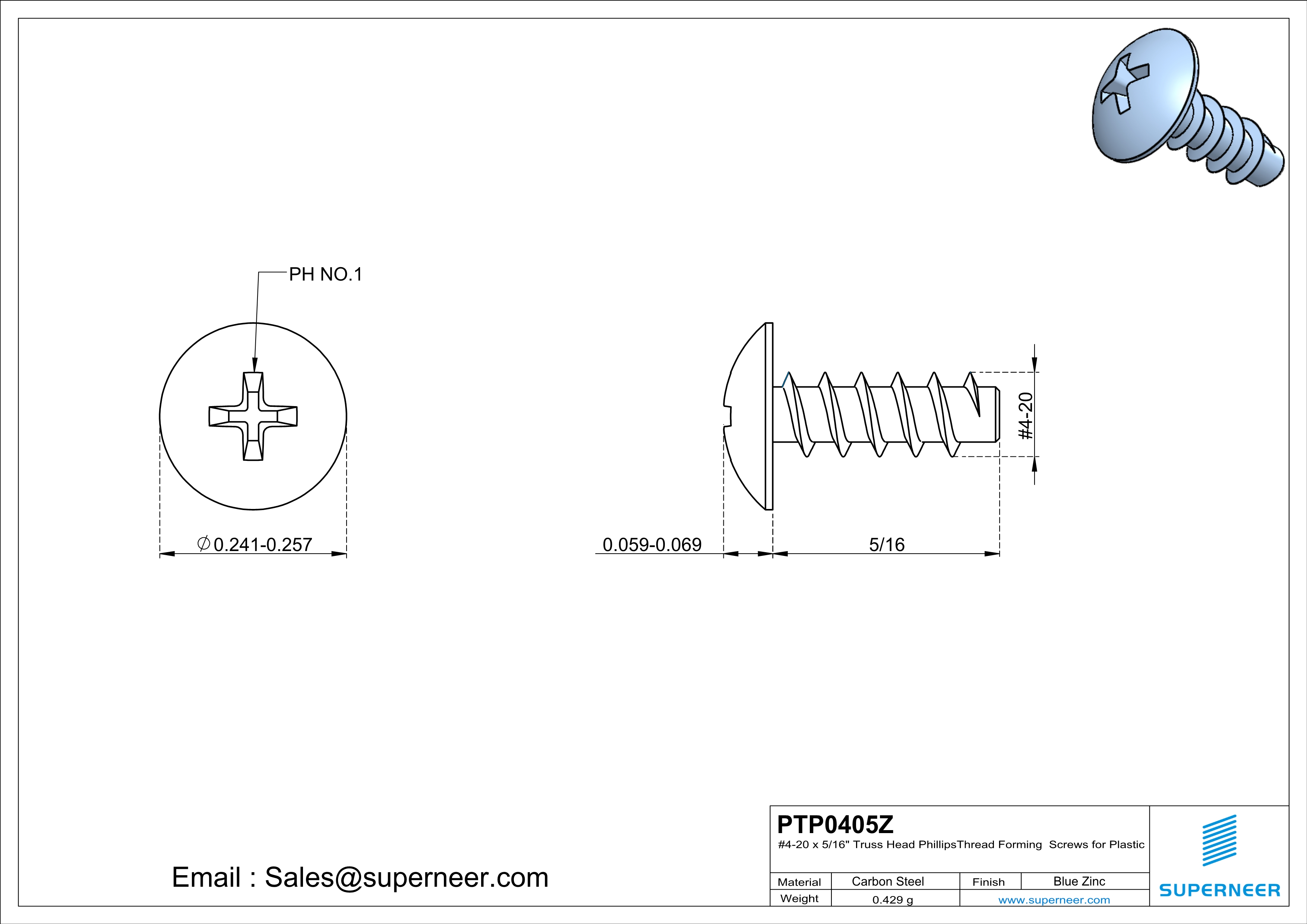 4 &times; 5/16" Truss Head Phillips Thread Forming inch Screws for Plastic  Steel Blue Zinc Plated