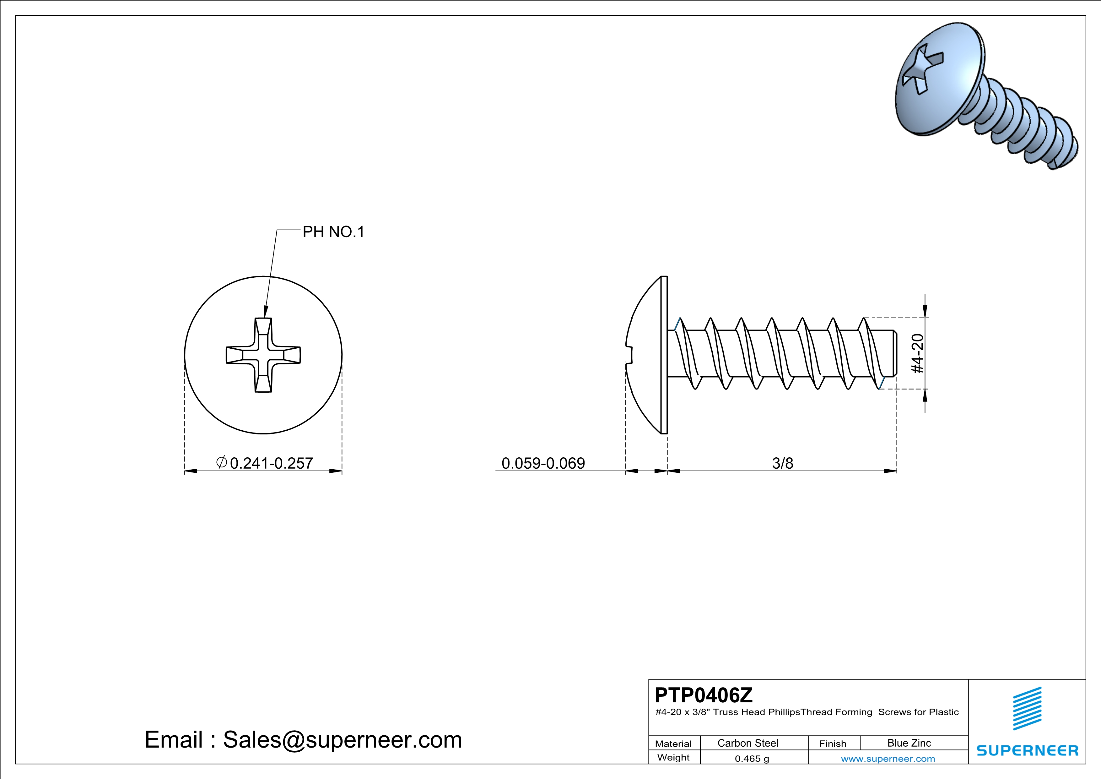 4 &times; 3/8" Truss Head Phillips Thread Forming inch Screws for Plastic  Steel Blue Zinc Plated