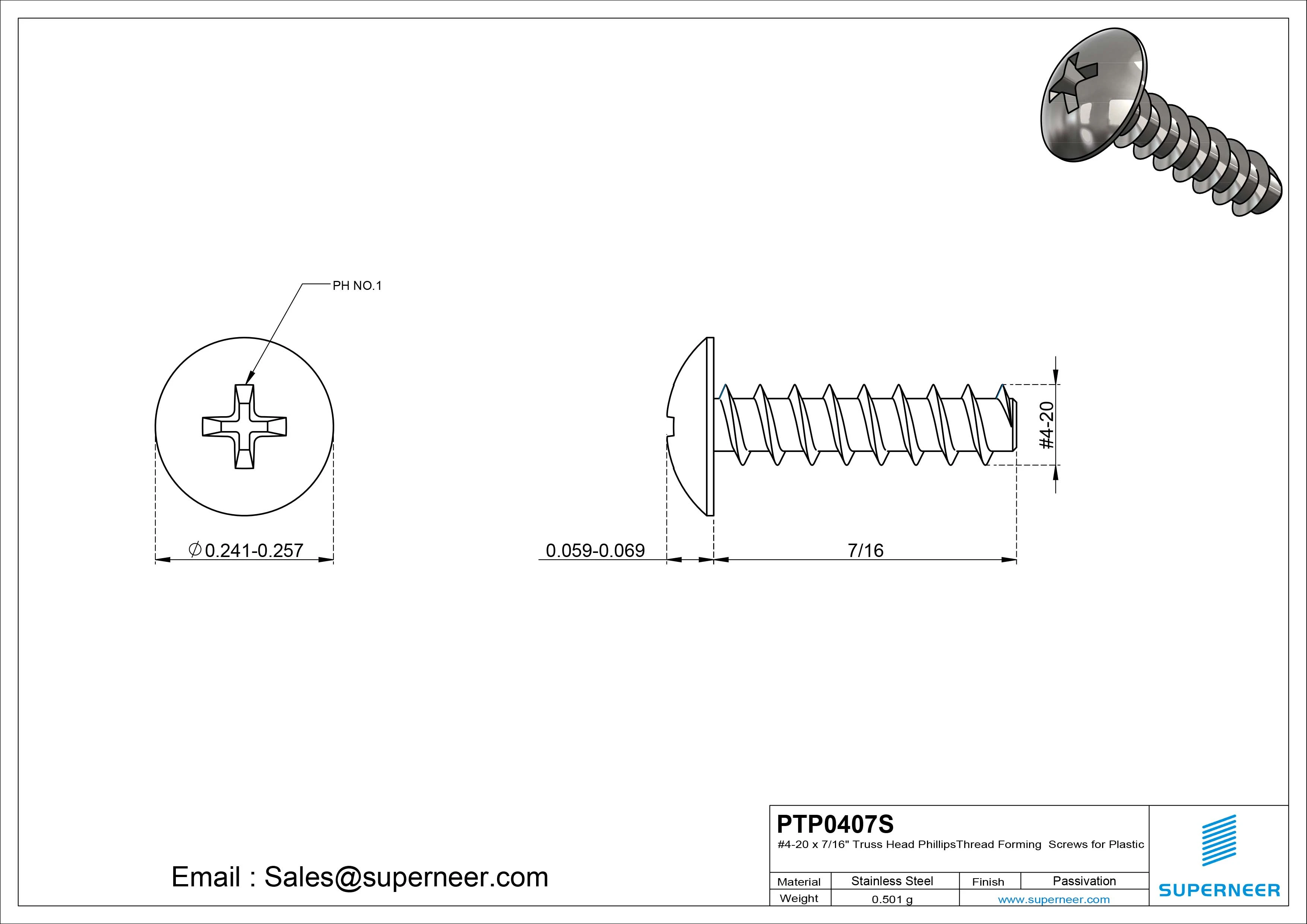 4 &times; 7/16" Truss Head Phillips Thread Forming inch Screws for Plastic  SUS304 Stainless Steel Inox