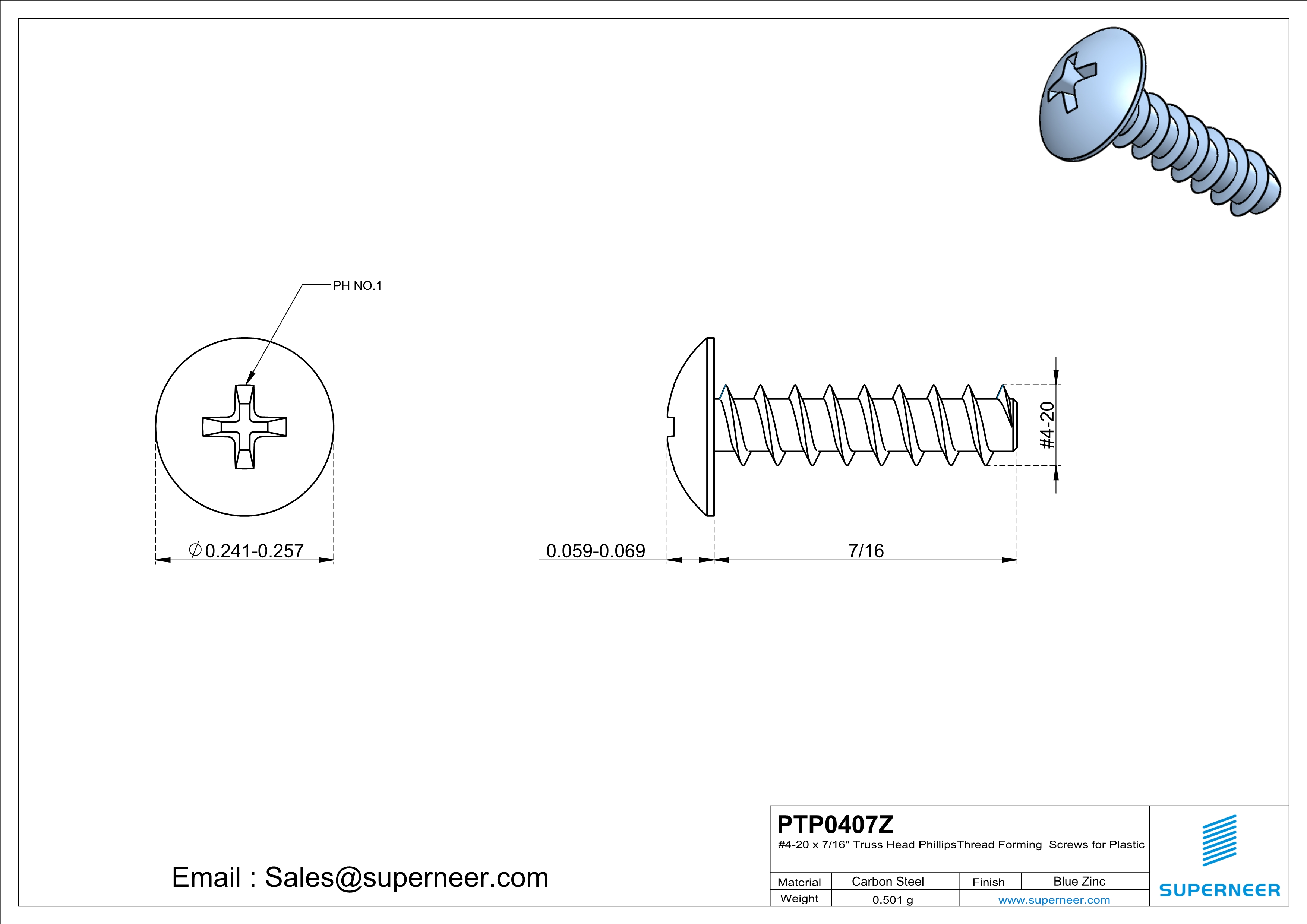 4 &times; 7/16" Truss Head Phillips Thread Forming inch Screws for Plastic  Steel Blue Zinc Plated
