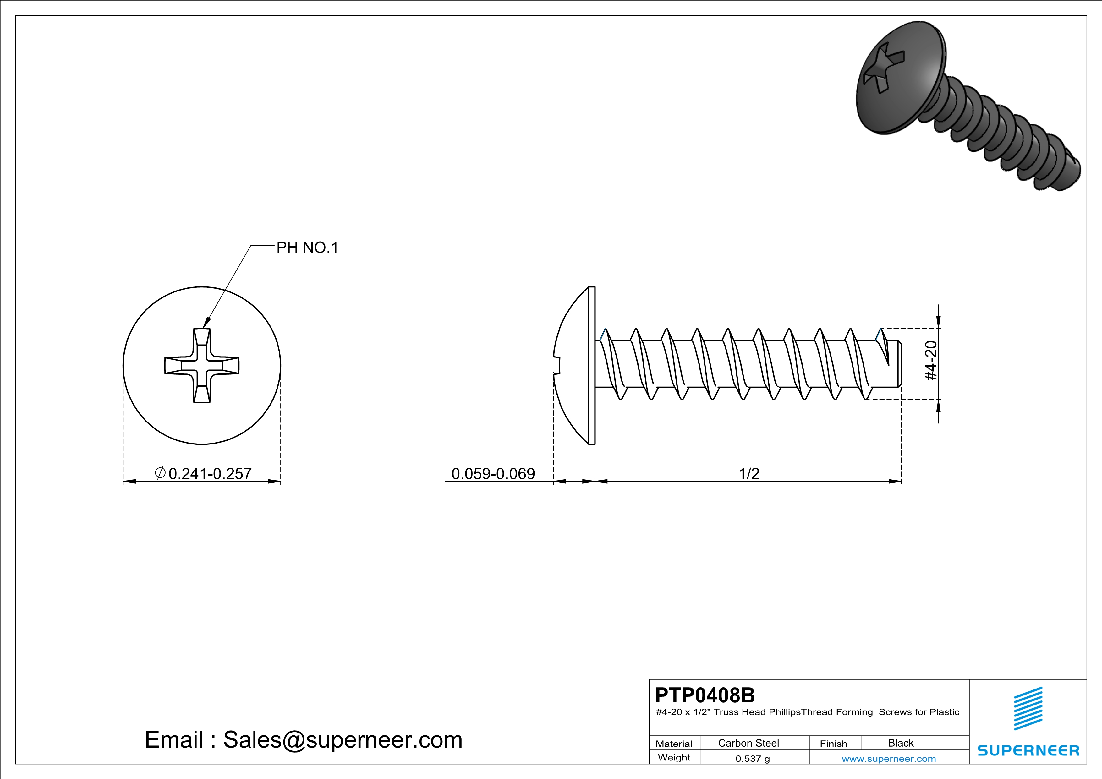 4 &times; 1/2" Truss Head Phillips Thread Forming inch Screws for Plastic  Steel Black