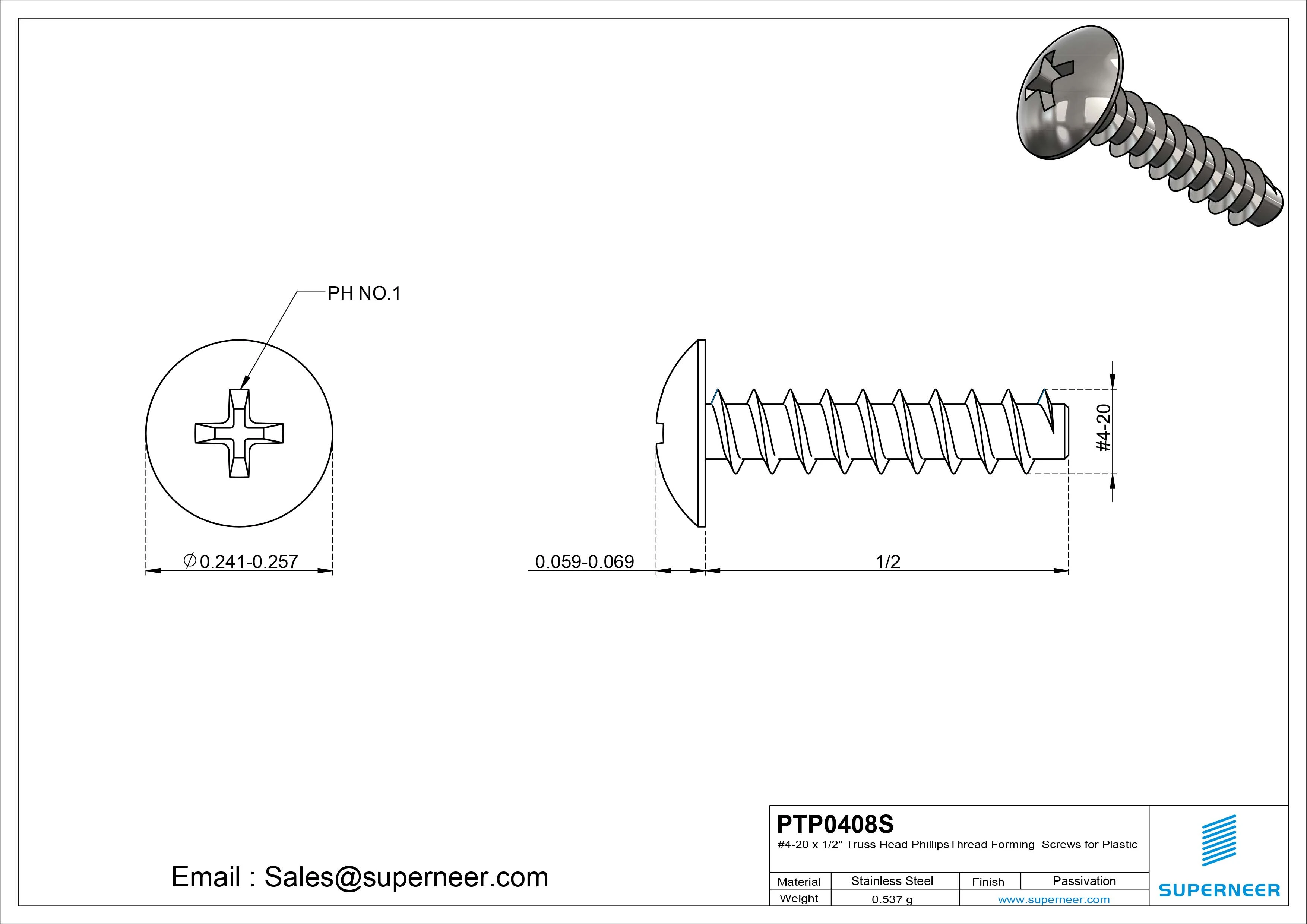 4 &times; 1/2" Truss Head Phillips Thread Forming inch Screws for Plastic  SUS304 Stainless Steel Inox