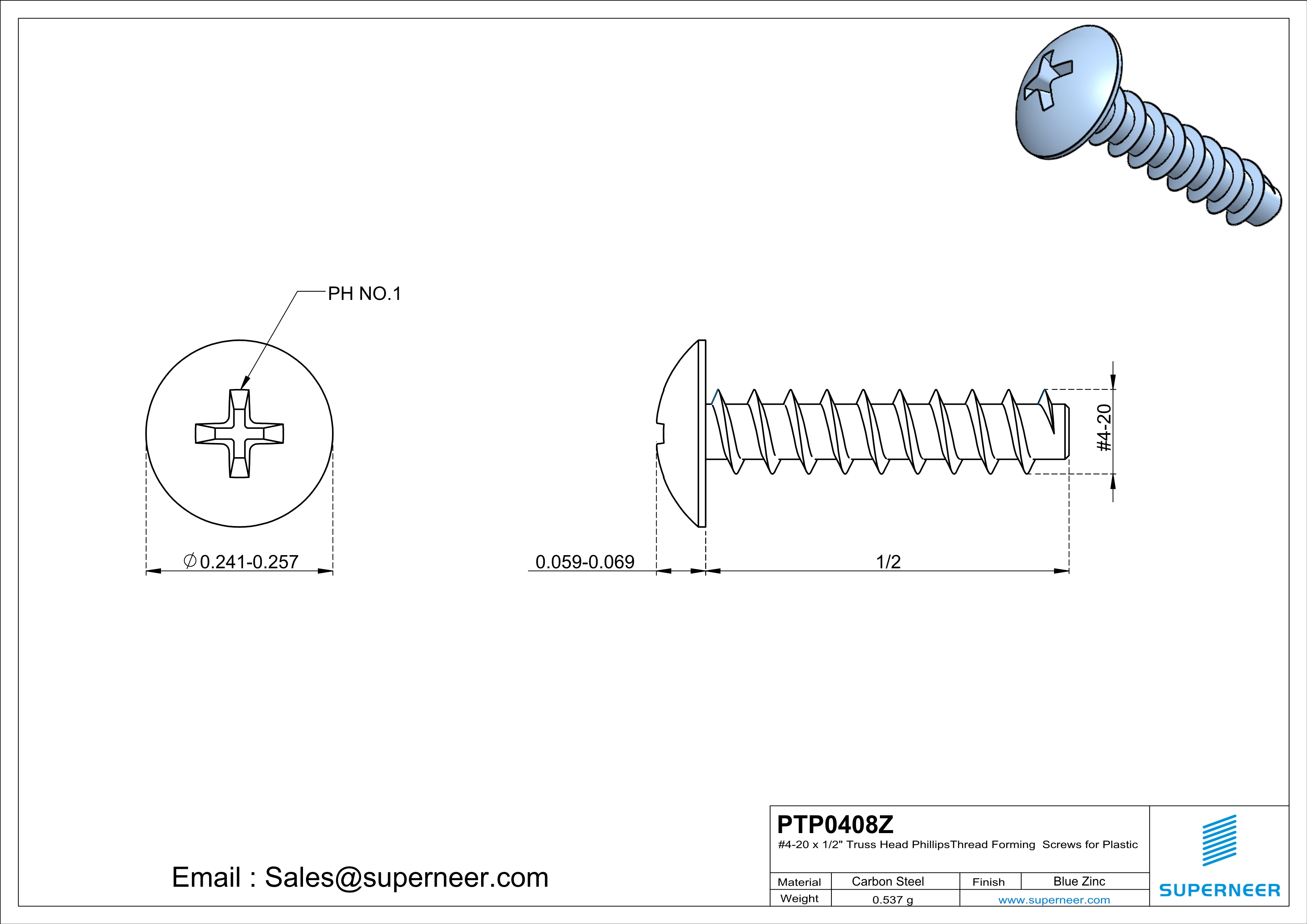 4 &times; 1/2" Truss Head Phillips Thread Forming inch Screws for Plastic  Steel Blue Zinc Plated