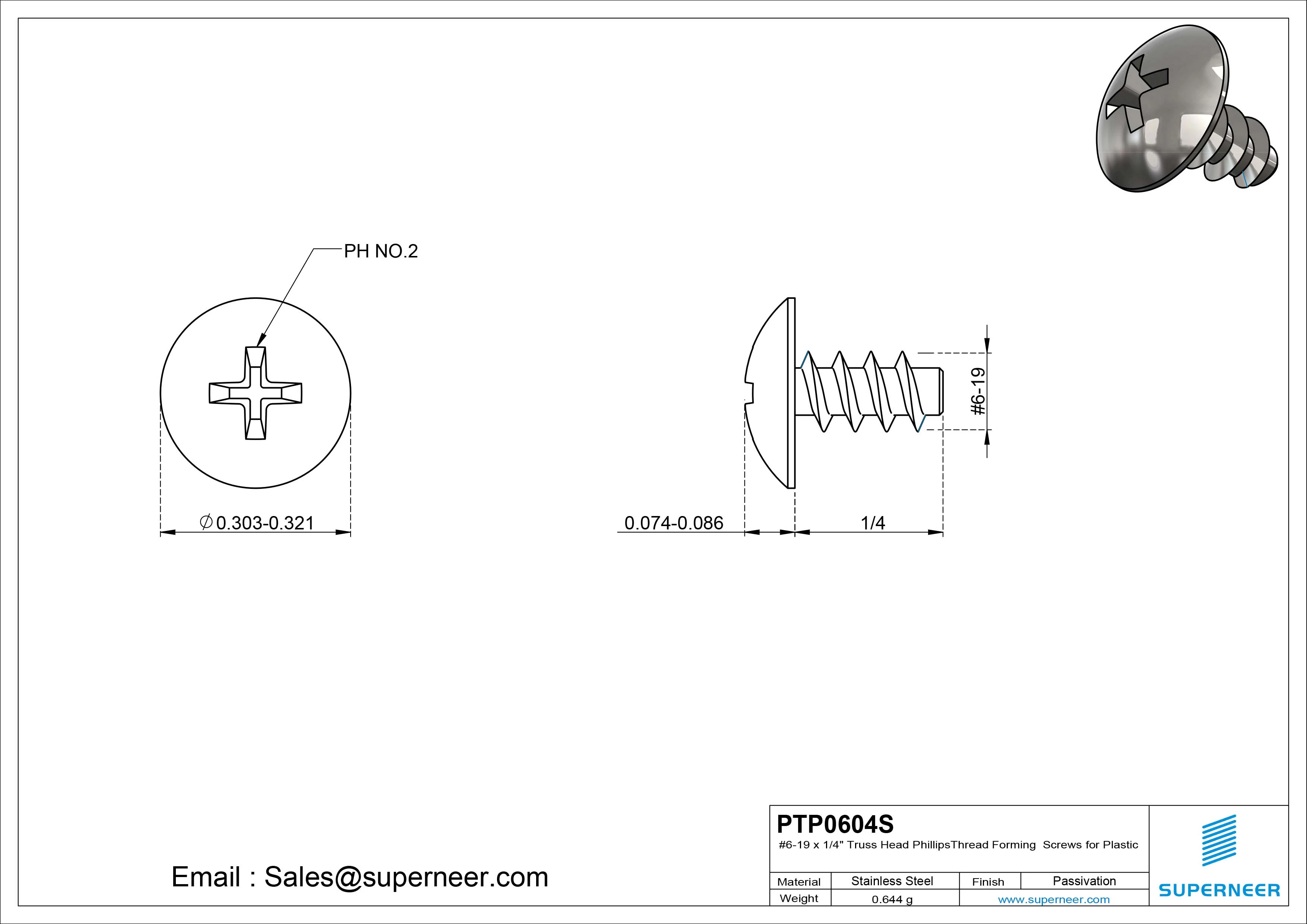 6 &times; 1/4" Truss Head Phillips Thread Forming inch Screws for Plastic  SUS304 Stainless Steel Inox