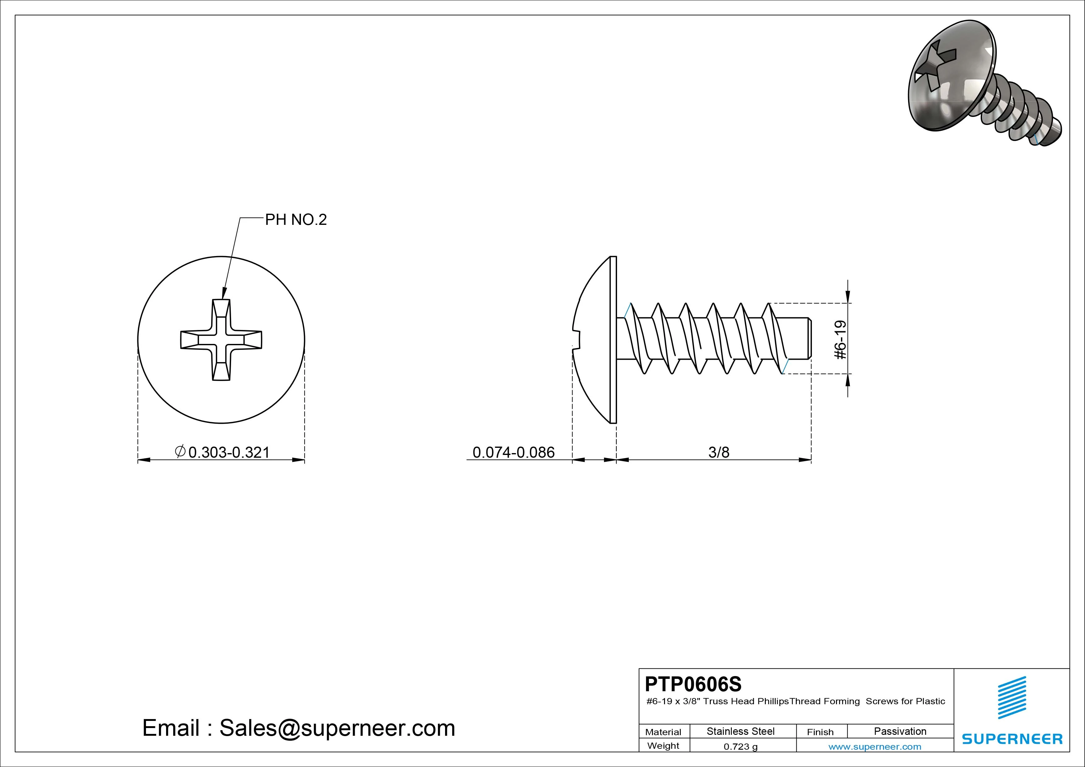 6 &times; 3/8" Truss Head Phillips Thread Forming inch Screws for Plastic  SUS304 Stainless Steel Inox
