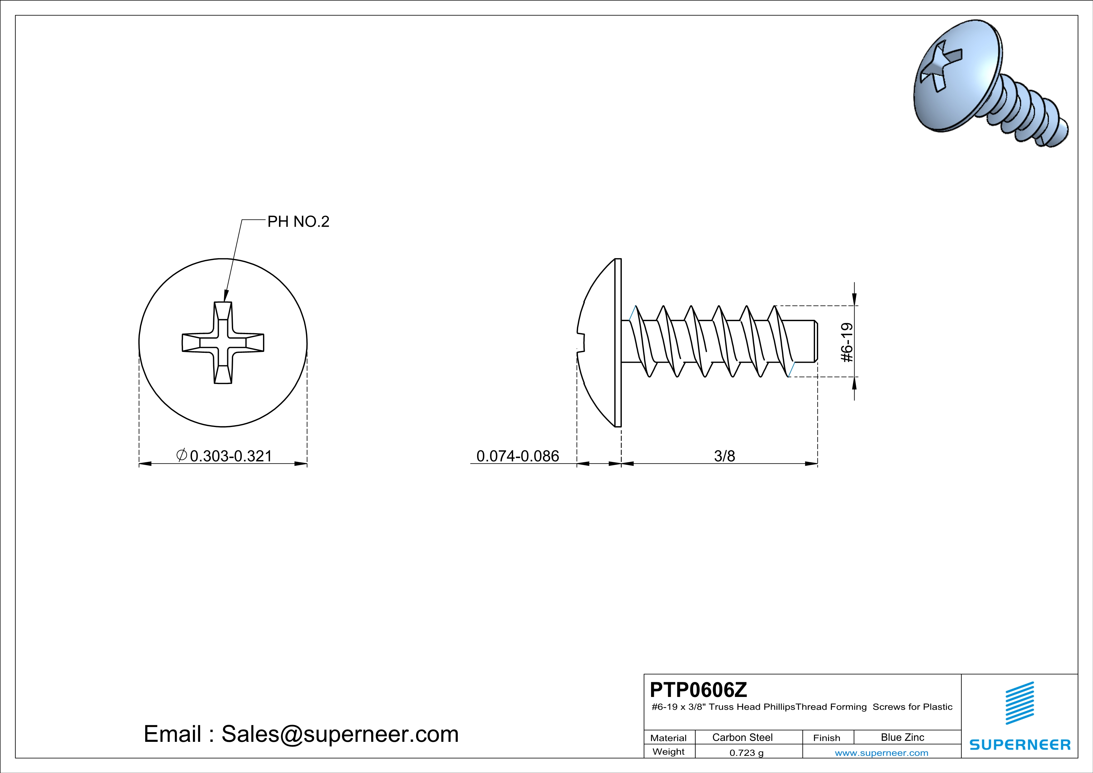 6 &times; 3/8" Truss Head Phillips Thread Forming inch Screws for Plastic  Steel Blue Zinc Plated