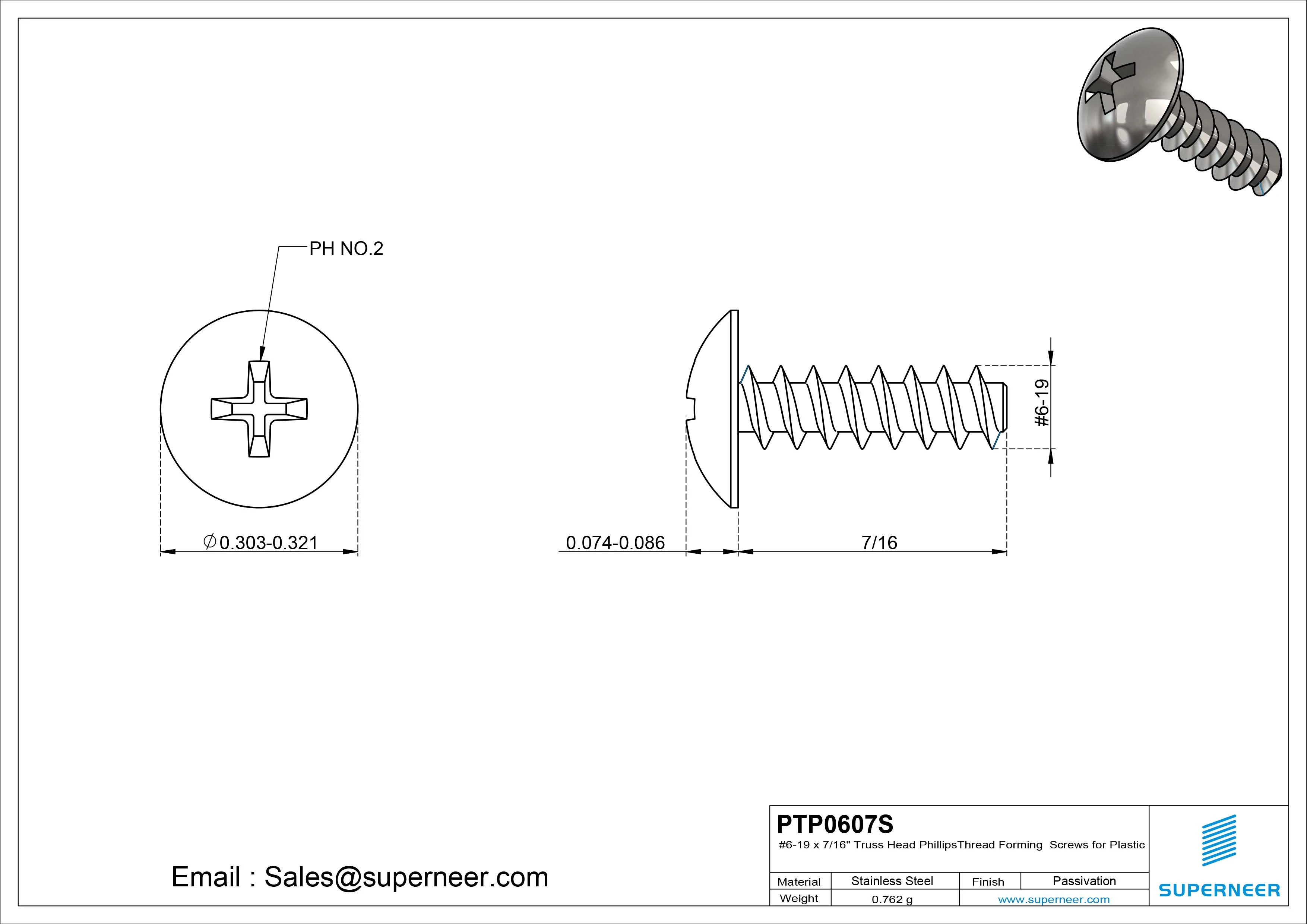 6 &times; 7/16" Truss Head Phillips Thread Forming inch Screws for Plastic  SUS304 Stainless Steel Inox