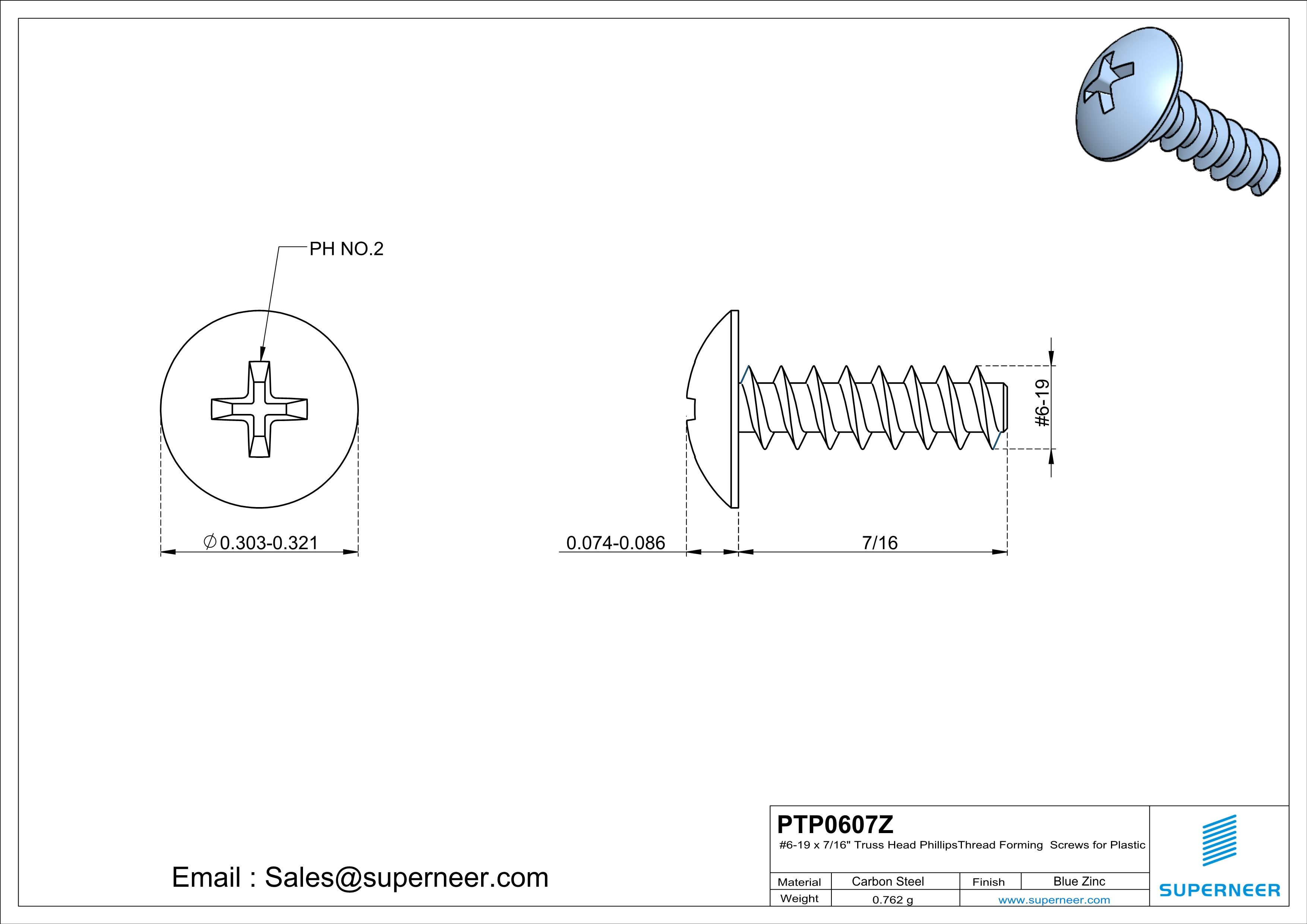 6 &times; 7/16" Truss Head Phillips Thread Forming inch Screws for Plastic  Steel Blue Zinc Plated
