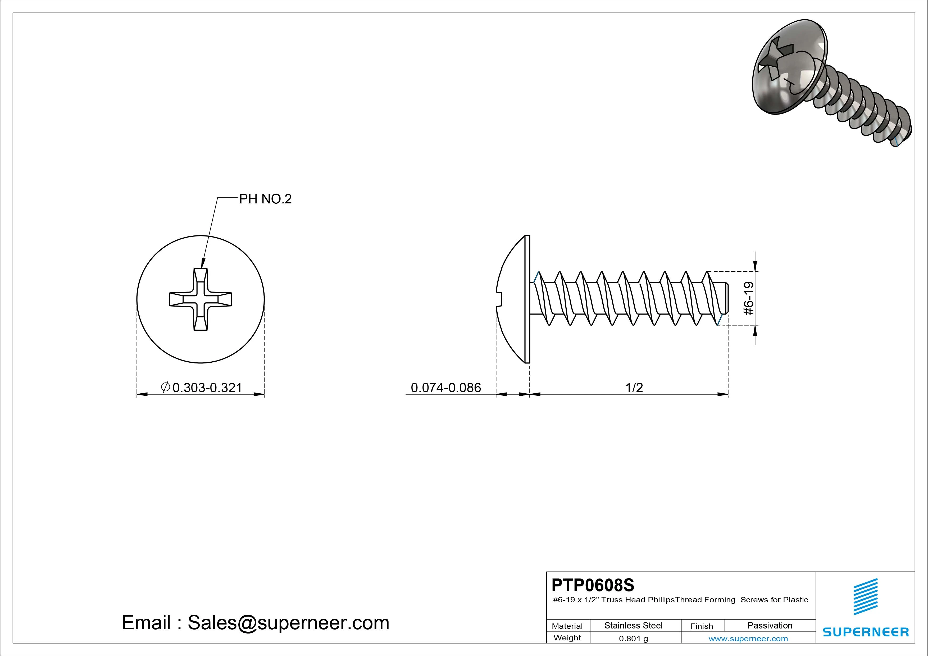 6 &times; 1/2" Truss Head Phillips Thread Forming inch Screws for Plastic  SUS304 Stainless Steel Inox