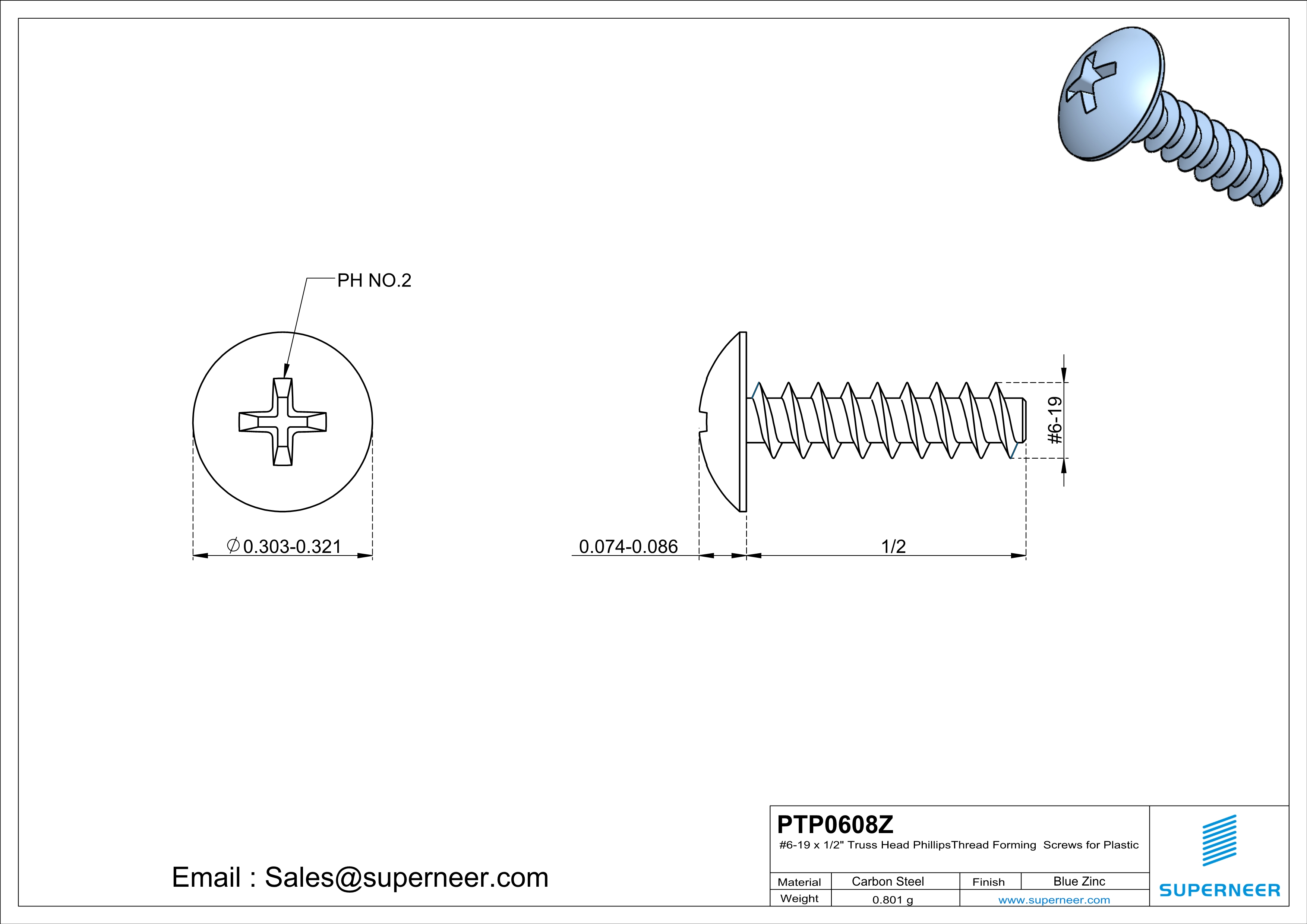 6 &times; 1/2" Truss Head Phillips Thread Forming inch Screws for Plastic  Steel Blue Zinc Plated