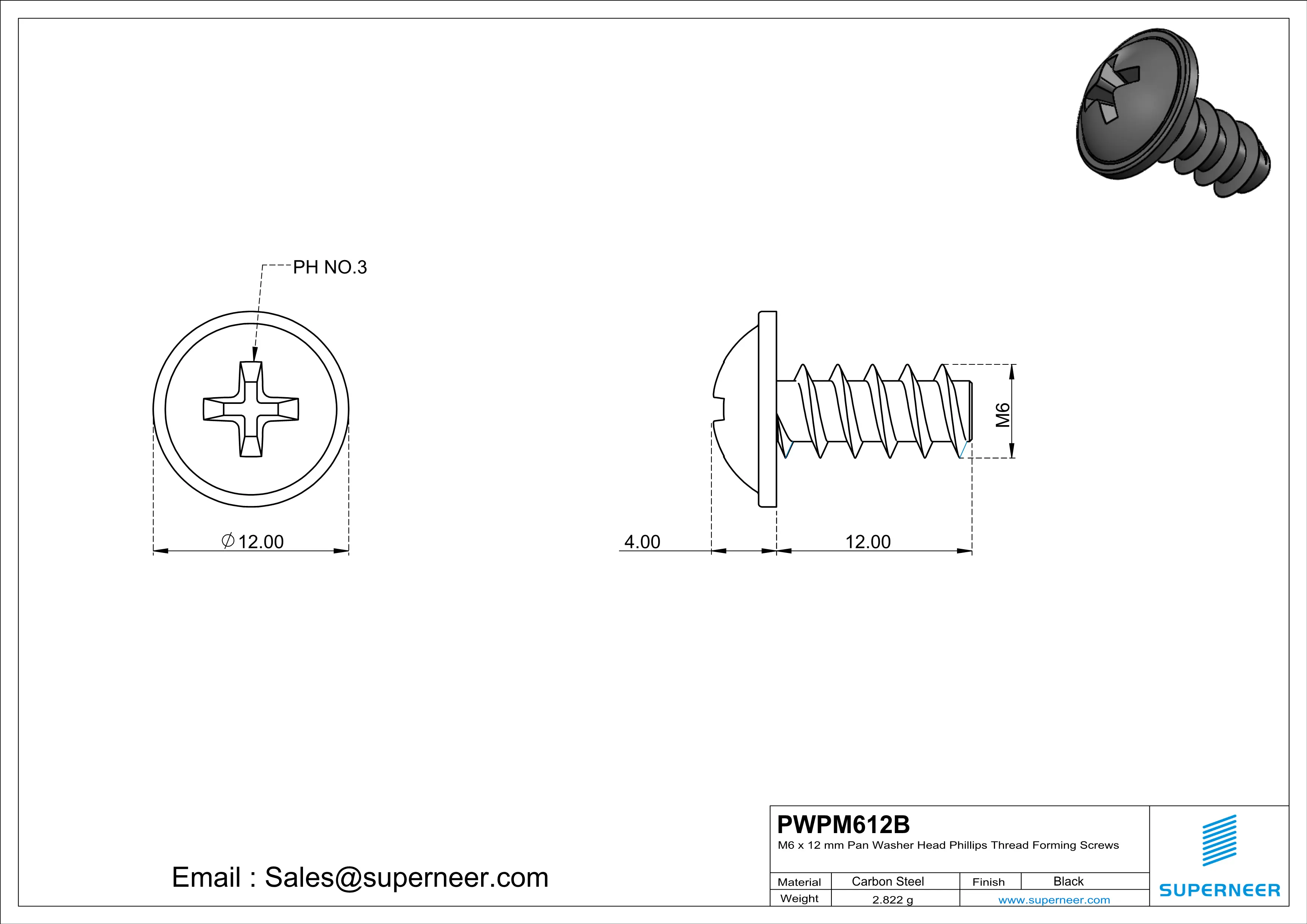M6 × 12mm  Pan Washer Head Phillips Thread Foming Screws for Plastic   Steel Black