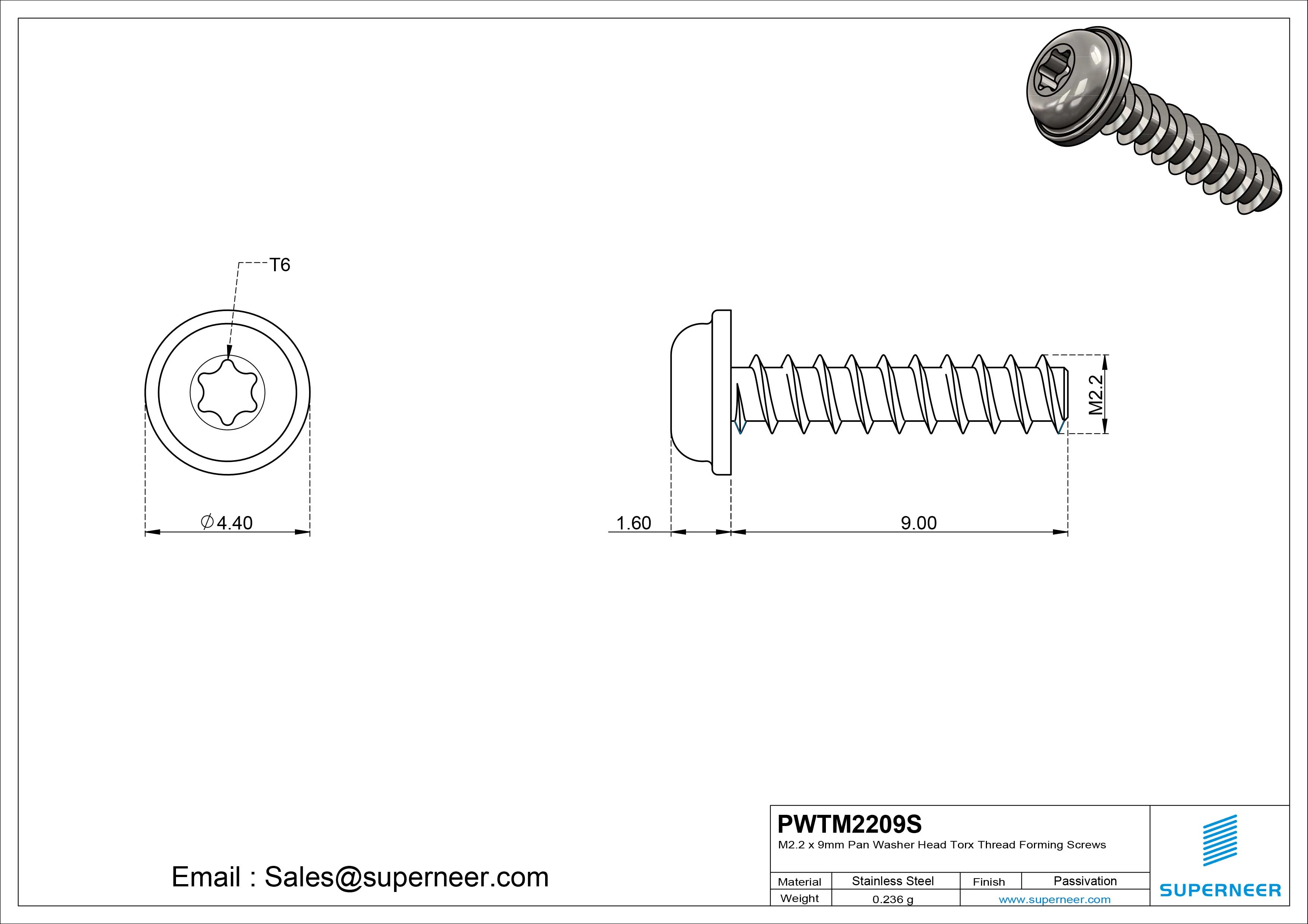 M2.2 &times; 9mm  Pan Washer Head Torx Thread Foming Screws for Plastic SUS304 Stainless Steel Inox