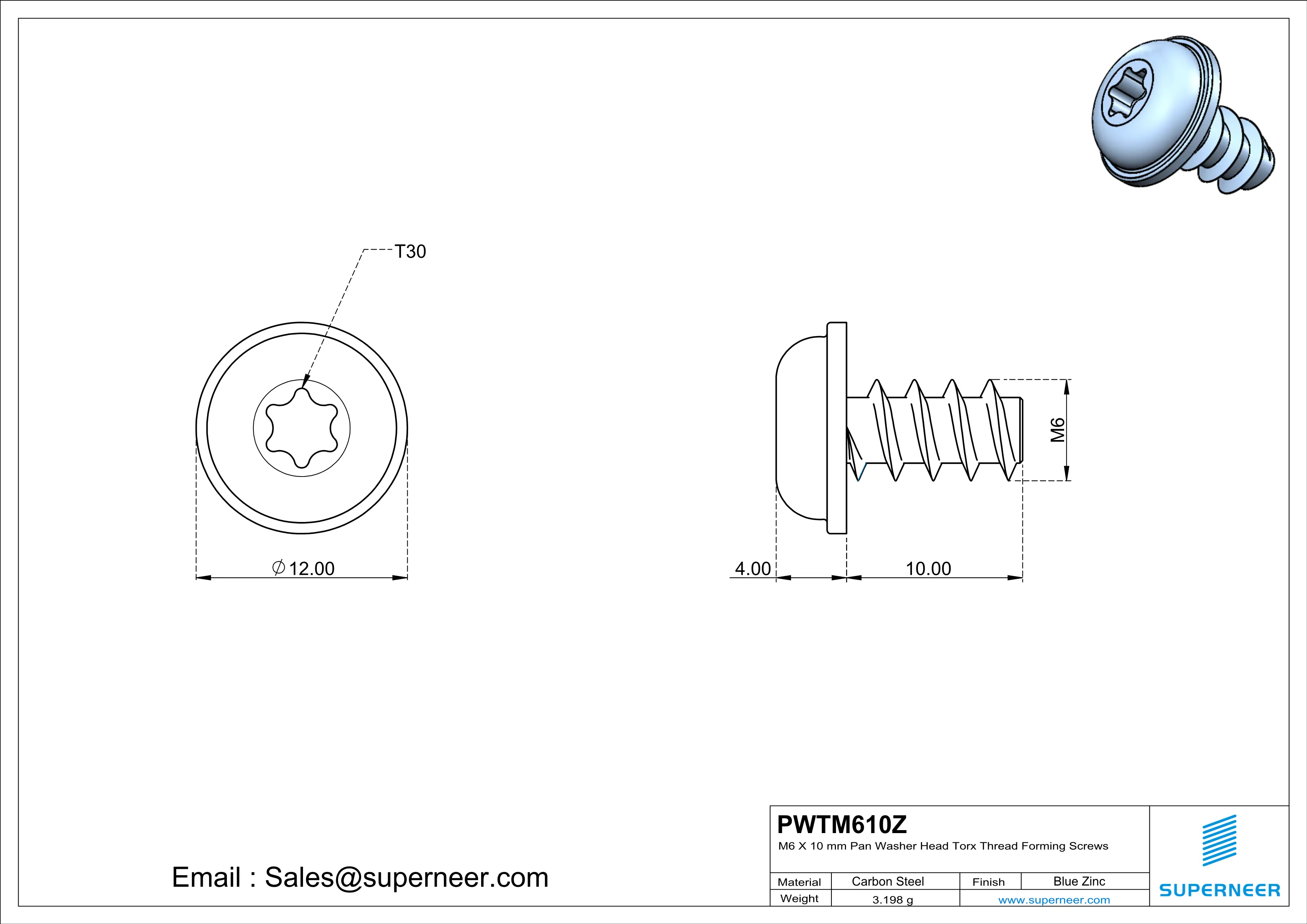 M6 × 10mm  Pan Washer Head Torx Thread Foming Screws for Plastic   Steel Blue Zinc Plated